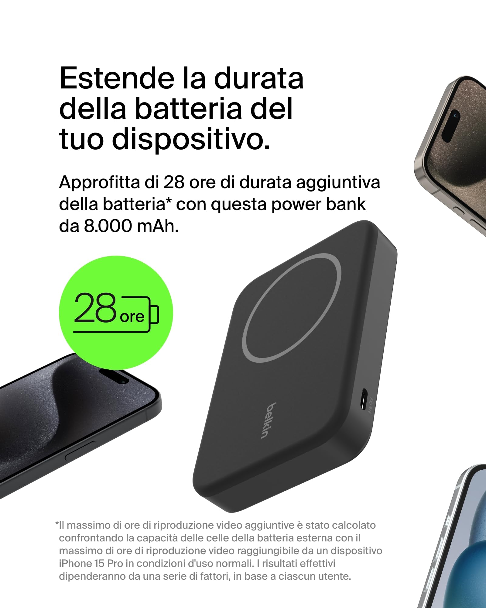 Belkin BoostCharge Pro Power bank wireless 8.000 mAh con Qi2, caricabatteria portatile compatibile con MagSafe, supporto integrato per iPhone 16, 16 Plus, 16 Pro, 16 Pro Max, iPhone 15 e altri, nero