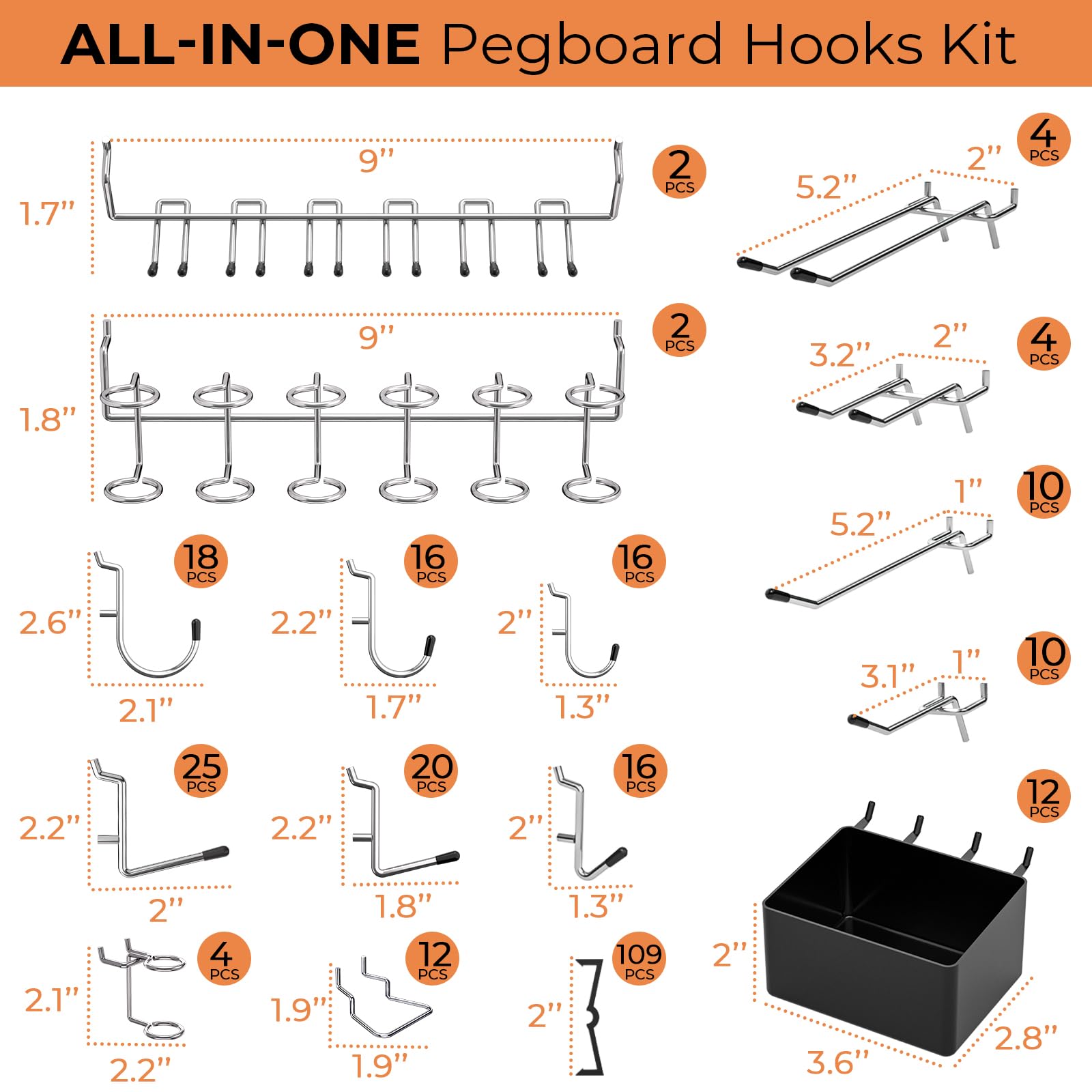 INCLY Kit organizador de accesorios para tablero de clavijas de 278 piezas, juego de ganchos para tablero de clavijas con contenedores para organizar herramientas, surtido de ganchos para tablero de
