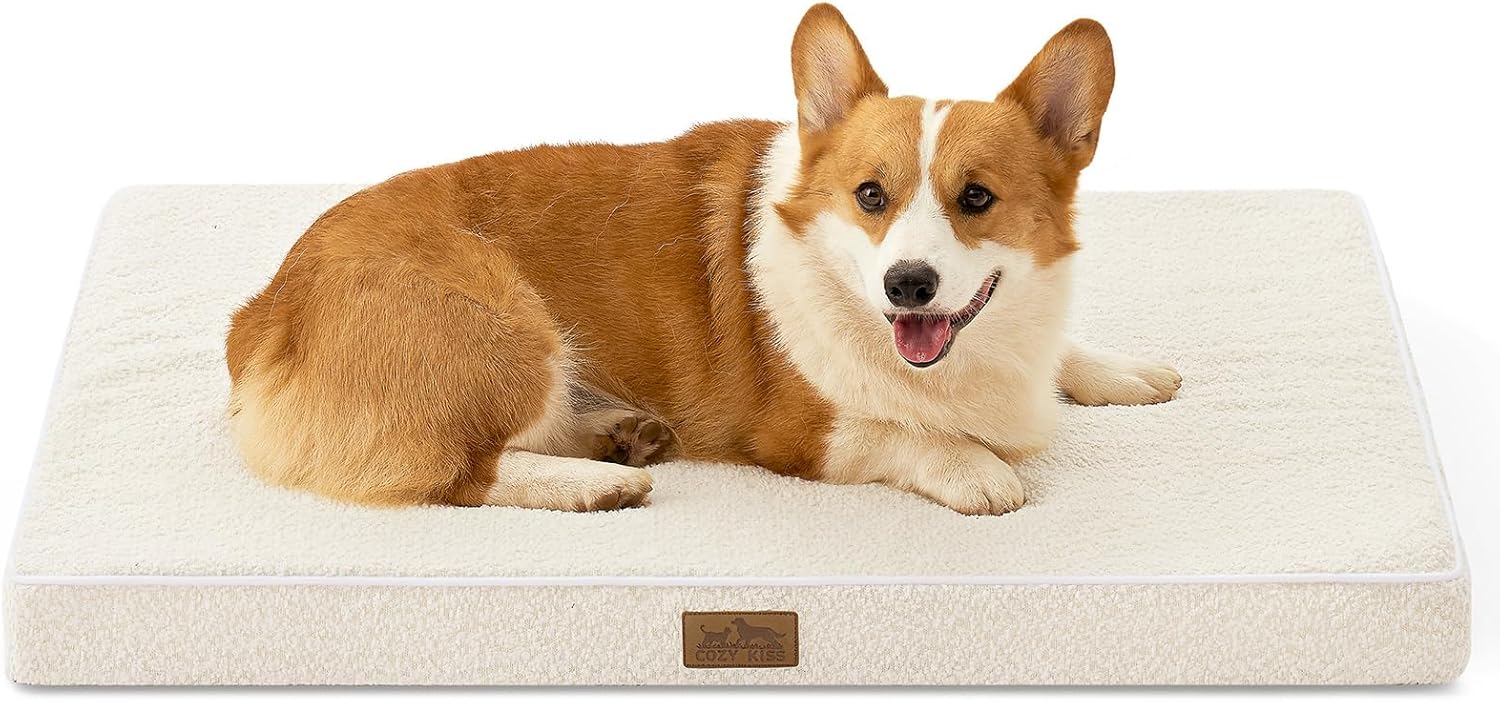 Dog Crate Bed for Large Size Dogs, Rectangular Orthopedic Dog Beds, Foam Anti-Slip Bottom Pet Mat with Washable Removable Cover, Suitable for Pet Up to 75 lbs, 36x27x3 inch, Beige