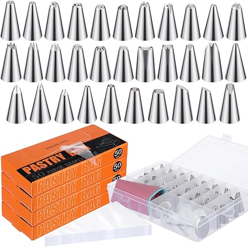 Mifoci Juego de 200 bolsas y puntas, incluye 32 puntas numeradas para glasear pasteles y bolsas de pastelería desechables de 12 pulgadas, kit de