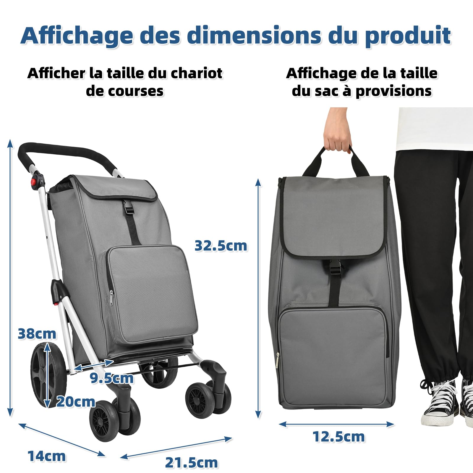 LEUYA Chariot de Courses Pliable 6 Roues Monte-Escalier, Panier en Aluminium 45L avec Sac Isotherme 8L, Caddie de Marché, Charge Max 25kg, Noir