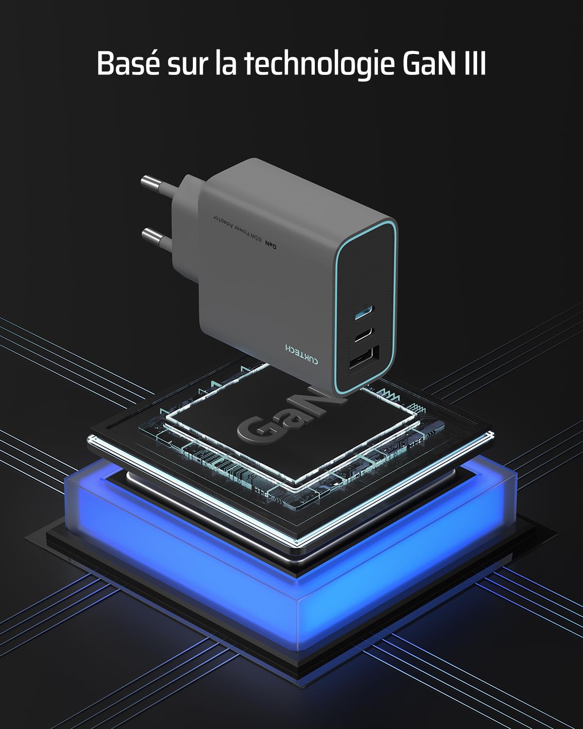 CUKTECH Chargeur USB C 65W, 3 Ports GaN III et PPS PD3.0 Chargeur Rapide, Chargeur 65W USB C Rapide Compatible avec MacBook Air/Pro, iPad Pro, iPhone 16/15/14/13, Samsung S24/S23, Xiaomi