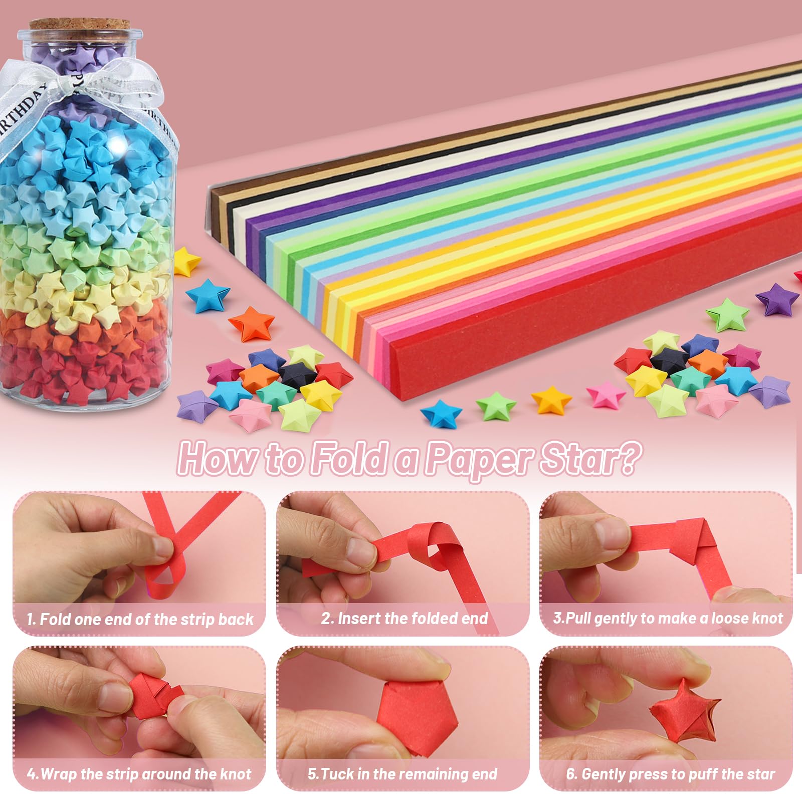 Papel de origami A4 100 hojas 20 colores vivos 70 g/m² doble cara con tiras para estrellas para manualidades
