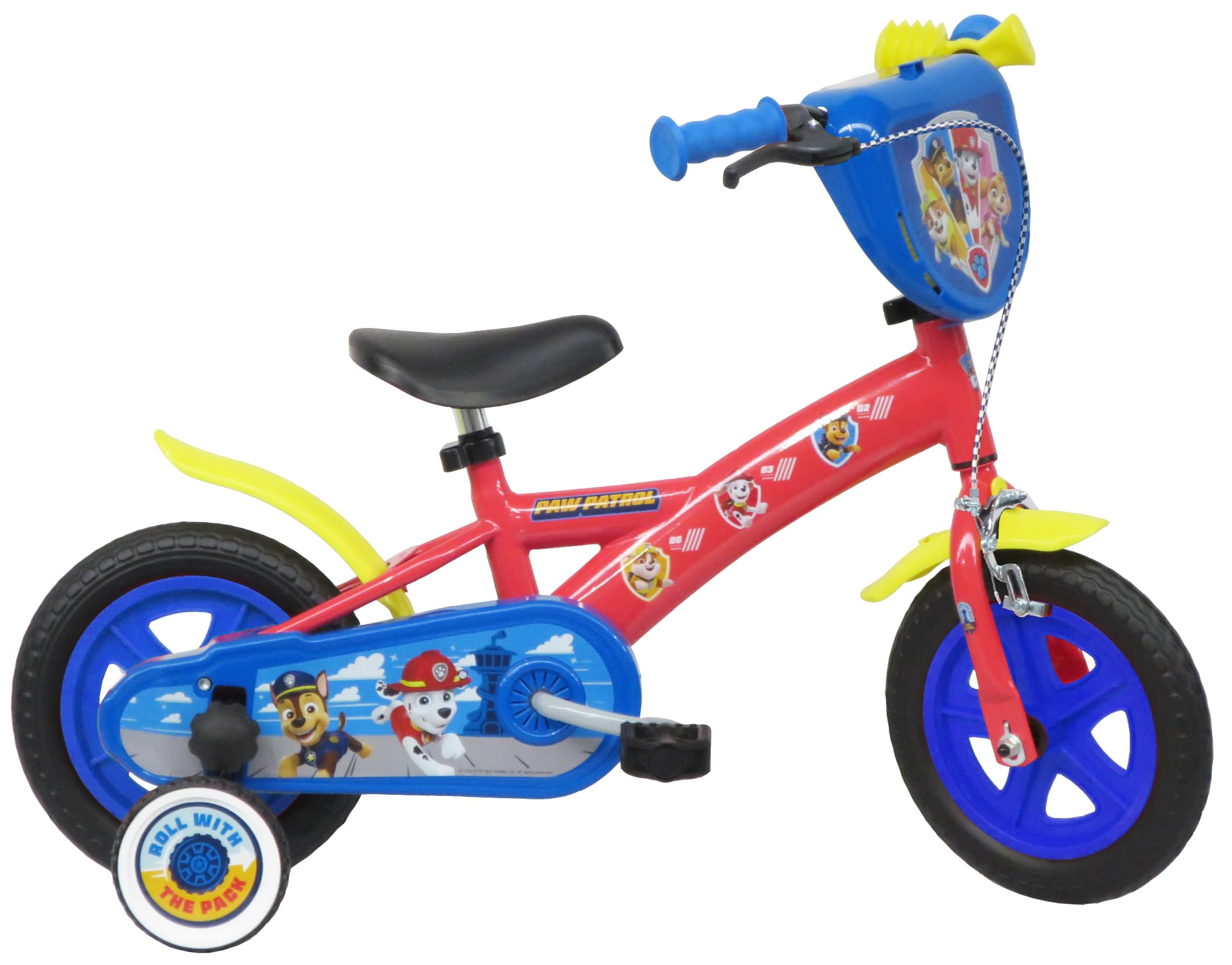A.T.L.A.S. Vélo 10'' Enfant Pat Patrouille équipé de 1 Frein avec Plaque Avant décorative, Garde Boue, Carter, Roues bâtons & 2 stabilisateurs, Rouge identique aux Photos
