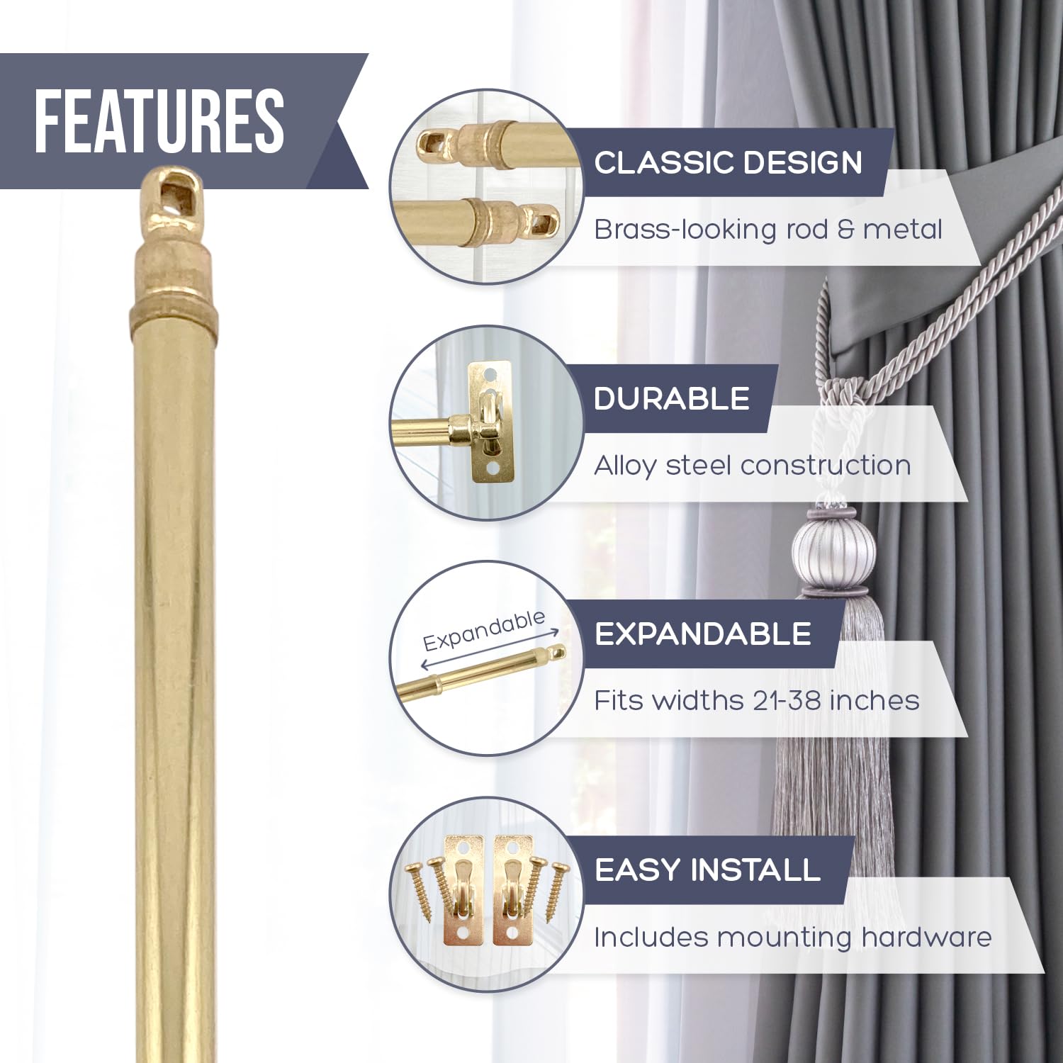 Amazing Drapery Hardware Swivel Sash Curtain Rods with Brass Finish, Set of 2 (Hardware Included) - Adjustable Length 21-38 Inches, Easy to Install Metal Rods for Doors, Windows, and Sidelights