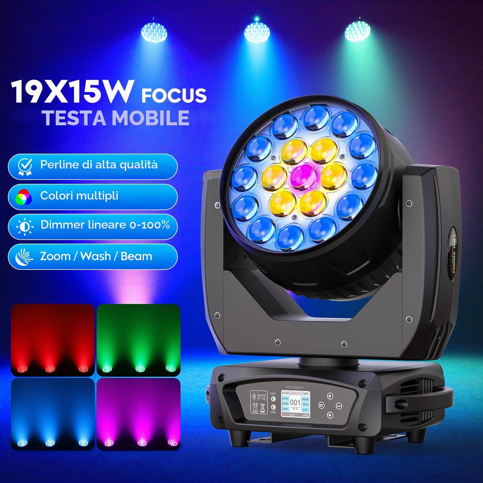 19 X 15W Wash Zoom Teste Mobili, RGBW 4 in 1 LED Fuoco Fascio Luce 4 Modalità di Controllo Professionale Palcoscenico Moving Head per Partito KTV Concerto Bar Festival Matrimonio Discoteca