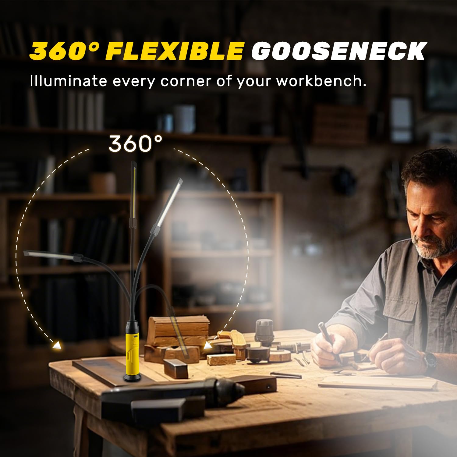 Baladeuse LED Mecanicien, Lampe de Travail LED Rechargeable à col de Cygne Flexible à 360°, 1000 Lumens 3 Modes Lampe Torche avec Base Magnétique pour for Garage, Camping, Emergency