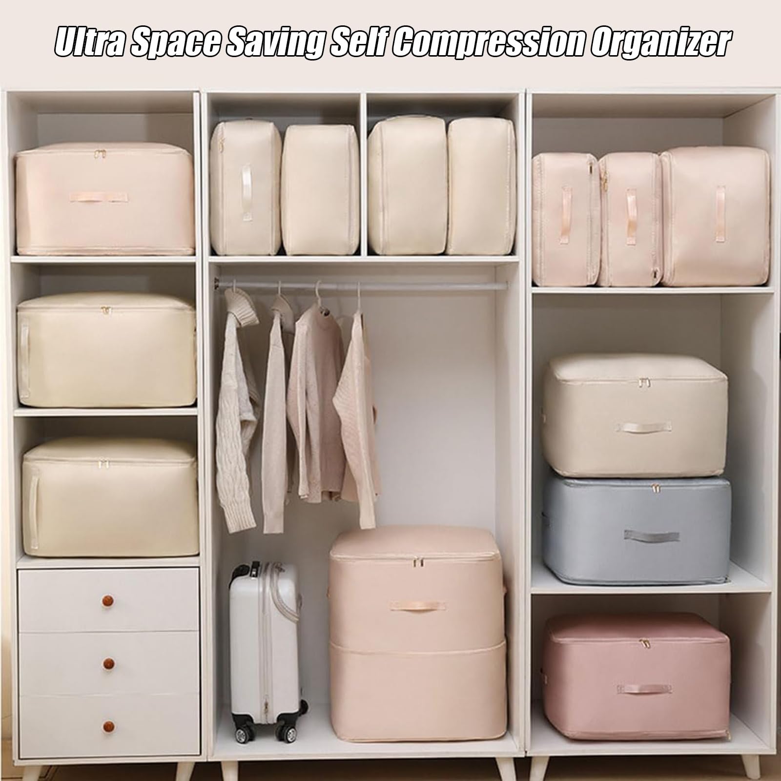 Ultra Space Saving Self Compression Organizer, Heavy Duty Moving Bags, Storage Tote for Space Saving, Self Compression Moving Organizer Bags for Comforters, Blankets, Clothes (Gray, XL(21*16*23CM))