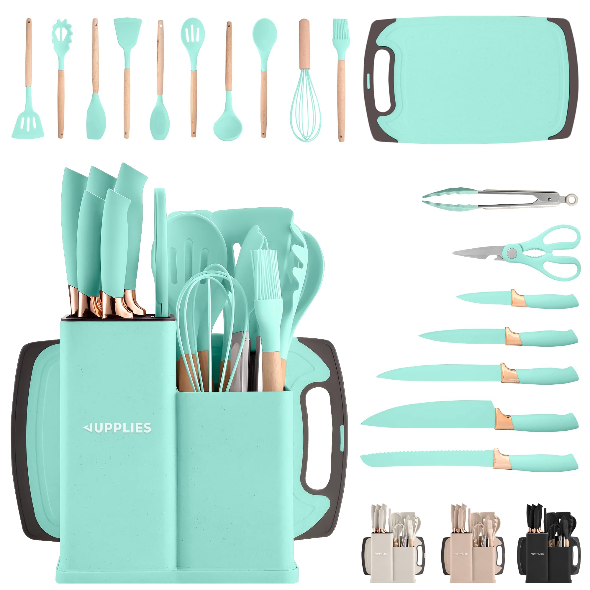 JUPPLIES Juego de Utensilios de Cocina de Silicona 19 Piezas con Cuchillos, Tijeras y Tabla de Cortar – Set Antiadherente Resistente al Calor – Apto para Todas Las Ollas y Sartenes - Beige — view 8