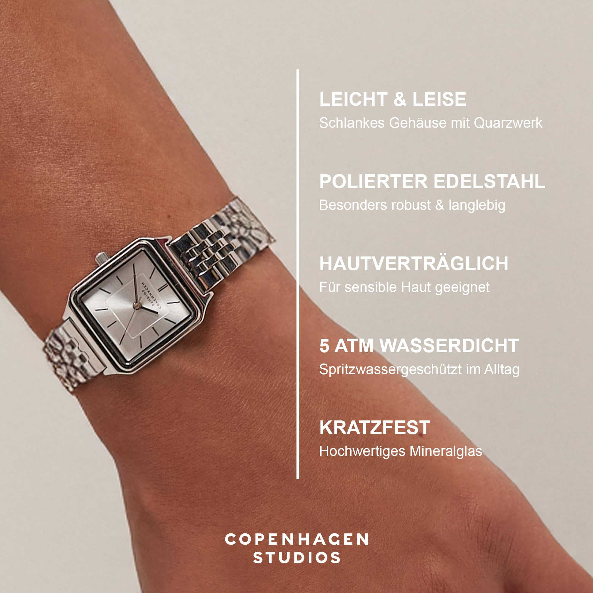 Copenhagen Studios Vintage Square Watch - 24 mm - Elegante Damenuhr aus poliertem Edelstahl mit Quarzwerk - analoge Armbanduhr - 5 ATM wasserdicht - Kratzfest
