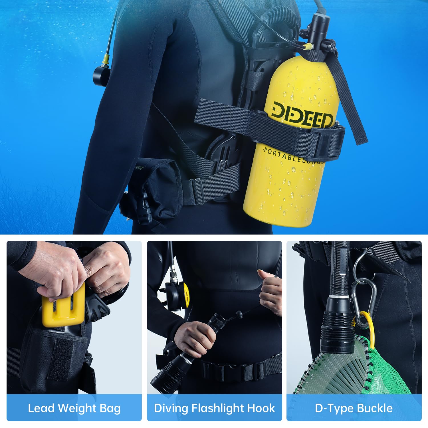 DIDEEP Sprzęt do nurkowania, butla z gazem do nurkowania, butla tlenowa 3 l, butla tlenowa, butelka na wodę, zestaw do nurkowania, czteroczęściowy zestaw 3 l respirator + lusterko do twarzy + szybkie