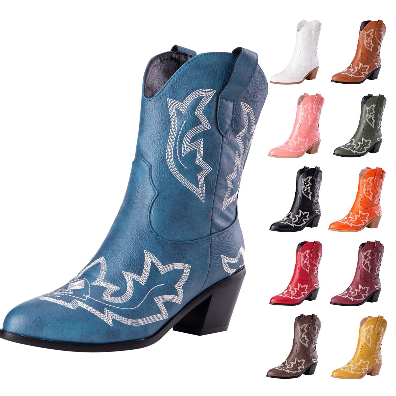Stivali da donna a metà polpaccio da cowboy western, classici vintage, ricamati, tacco a blocco, in pelle PU, stivali da donna in stile country equitazione western scarpe da sposa, Blu, 42.5 EU