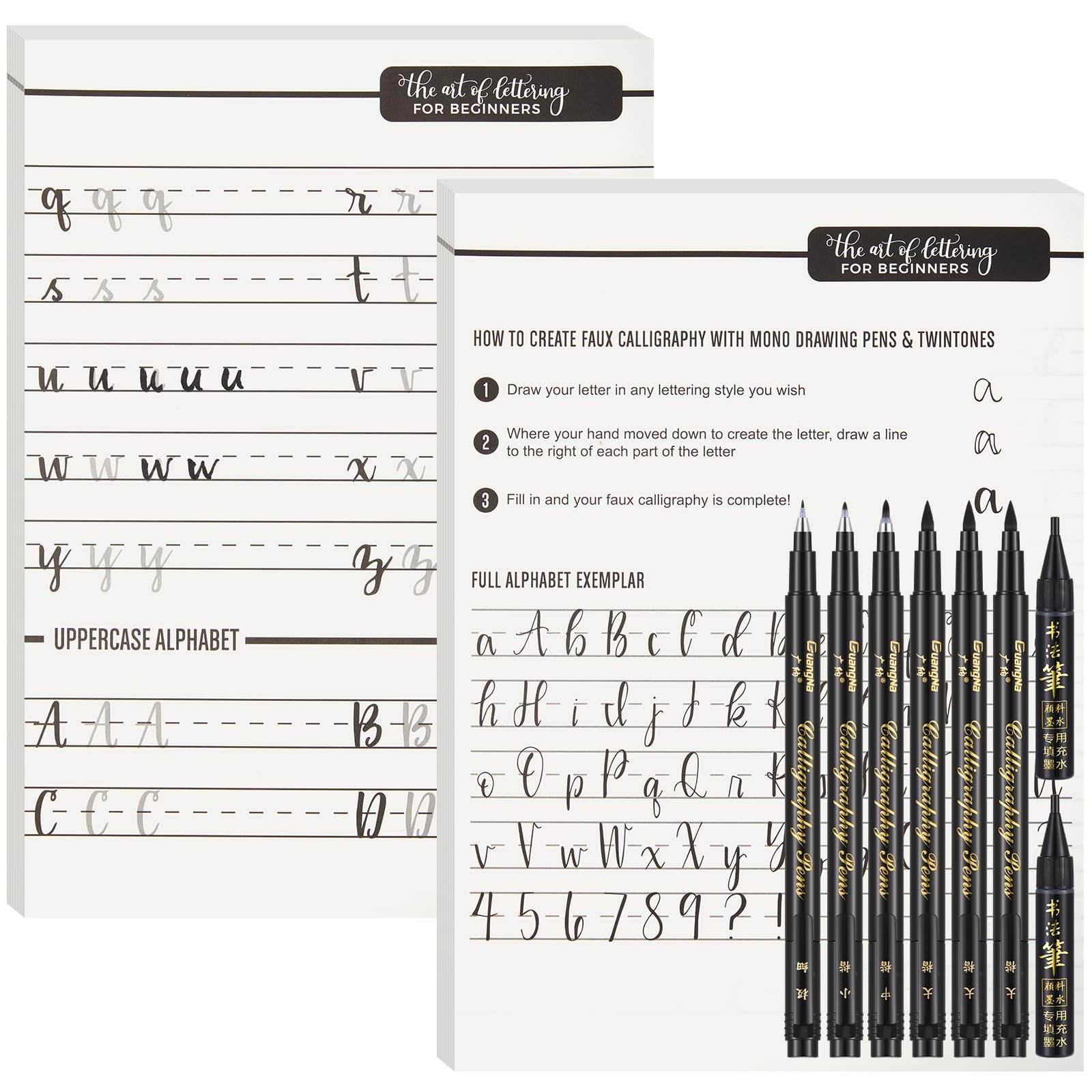 10 Pcs Calligraphy Kit for Beginners 6 Size Calligraphy Pen Set with 2 Calligraphy Workbook 2 Fadeproof Black Ink Markers for Hand Lettering Drawing Sketching for Men Women Xmas Gift