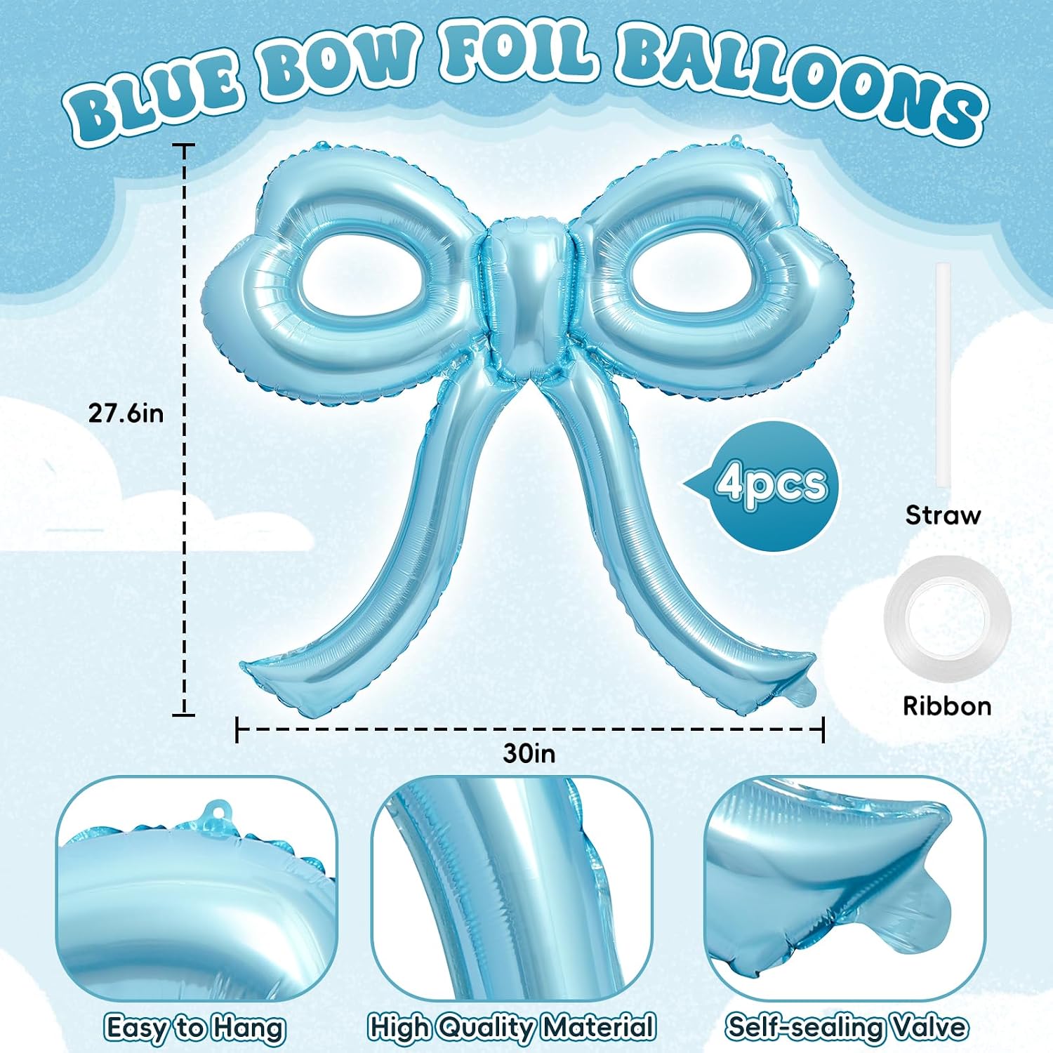 4 Pcs Blue Bow Balloons Bow Birthday Party Decorations for Girl Women Bow Decor Blue Birthday Decorations Giant Light Blue Balloons for Baby Shower Bridal Bachelorette Party Supplies Blue 4 pcs