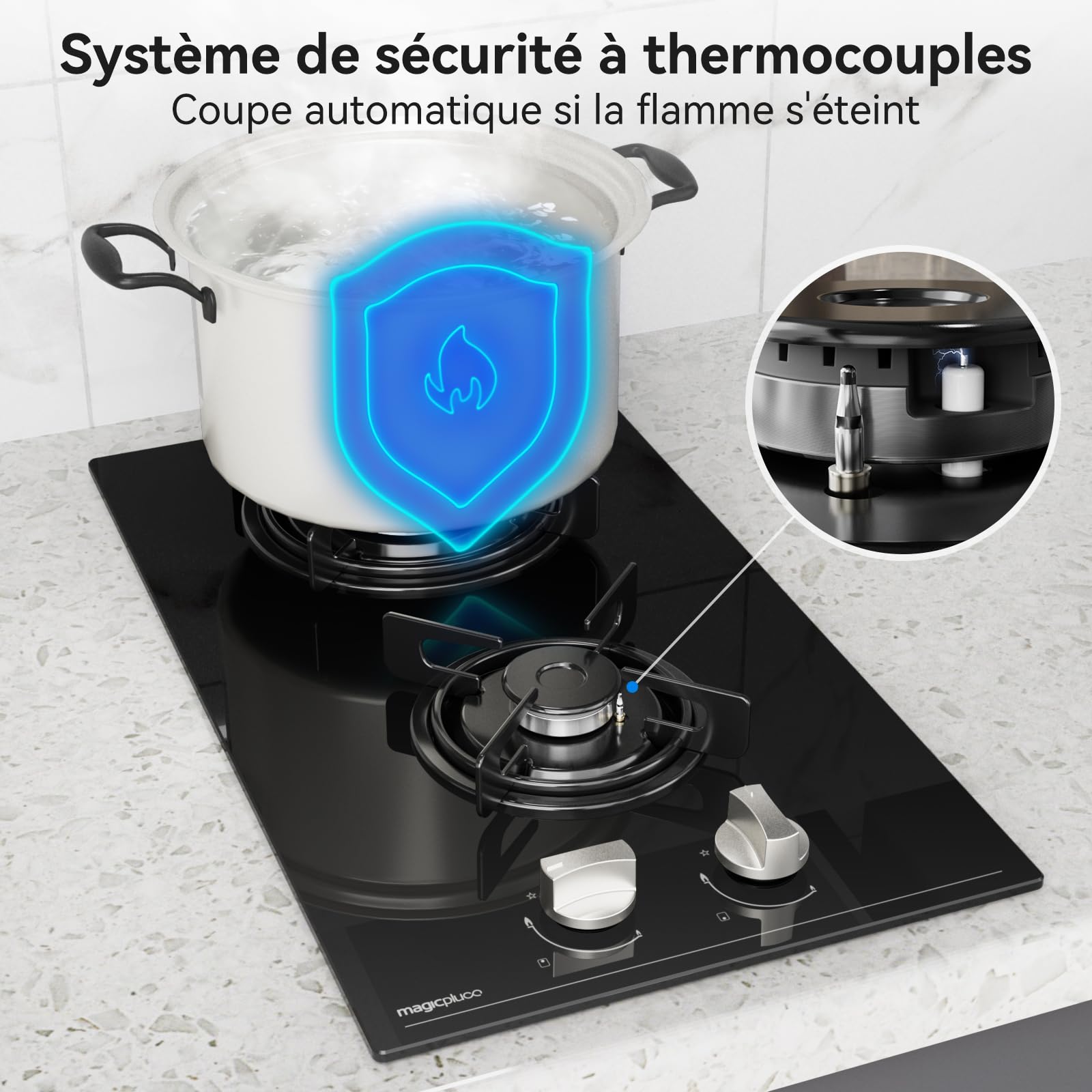 Magicplux Plaque de Gaz 2 Feux Encastrable 30cm, Table de Cuisson Gaz 4300W, Verre Noir