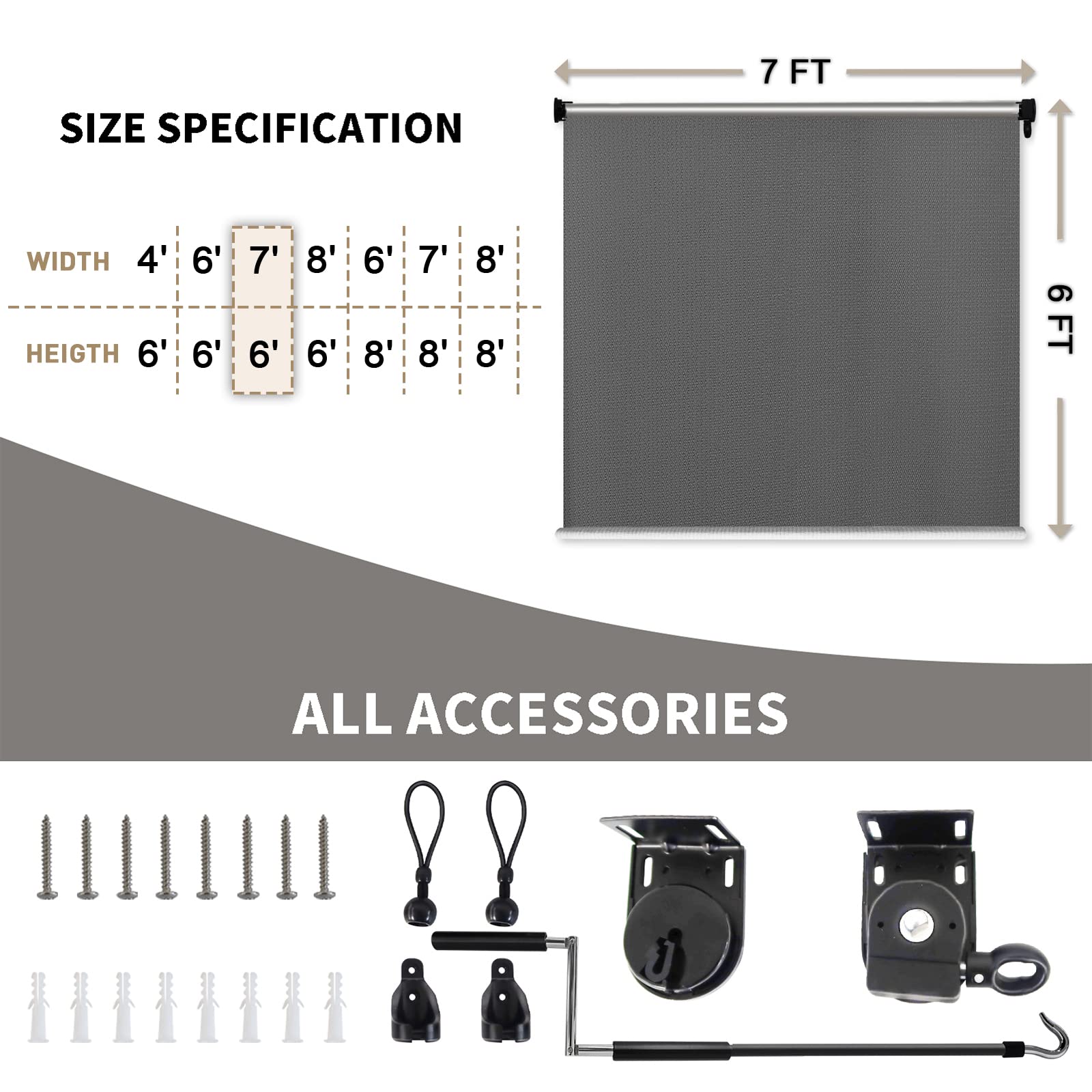 Amagenix Outdoor Roller Shades 7'(W) x 6'(H), Exterior Cordless Patio