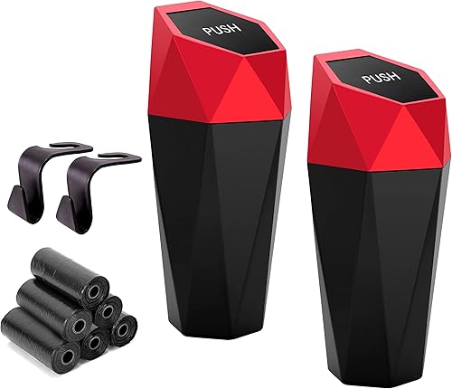 Ginsco Portavasos de basura para automóvil, paquete de 2 mini con tapa, accesorios para interior, auto pequeño a prueba de fugas, ganchos ABS