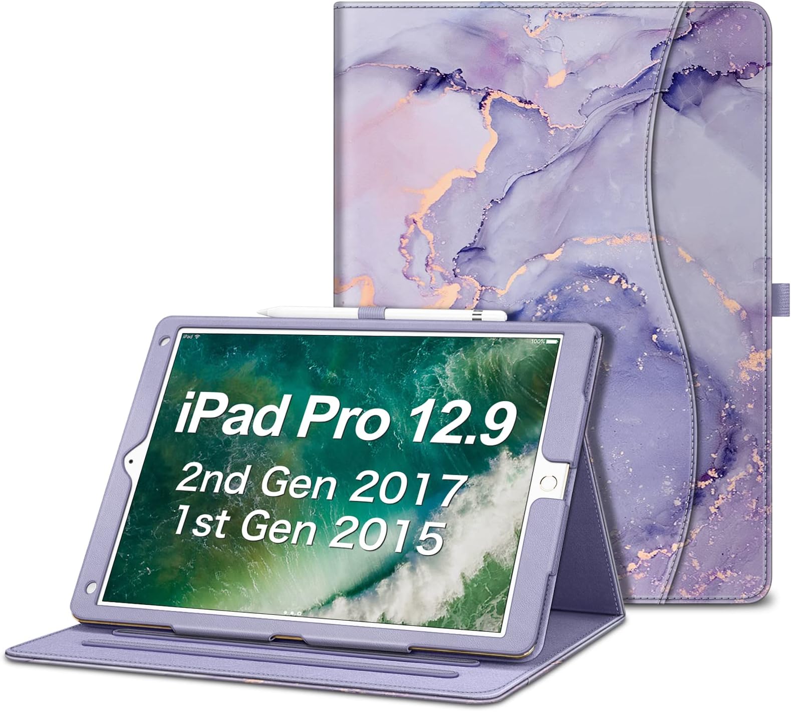 Fintie Multi-Angle Case, 2017/2015 iPad Pro 12.9 inch (Old Model) 1st & 2nd Gen Case - [Corner Protection] Folio Stand Cover with Pencil Holder & Pocket, Auto Wake/Sleep, Lilac Marble