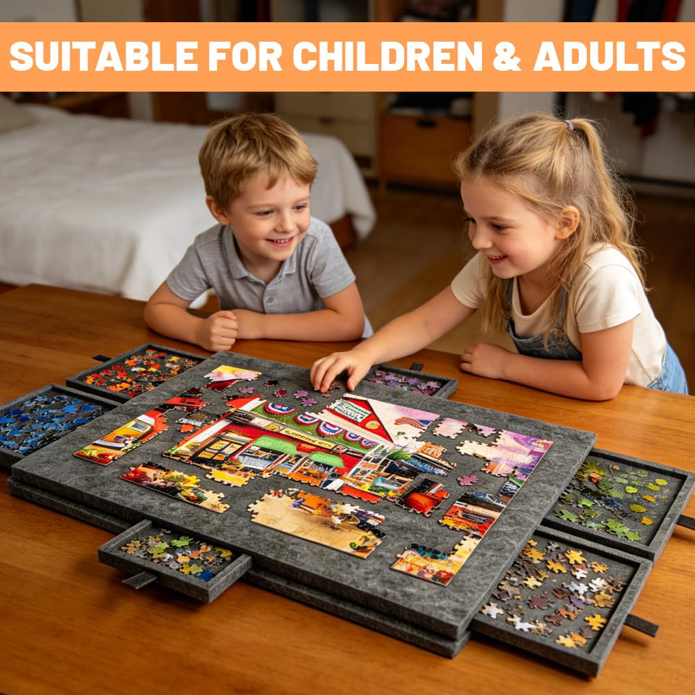 Tableau pliant pour puzzle de 1000 pièces avec 6 tiroirs - Plateau portable pour puzzle avec support 2-en-1 et couvercle, super léger en feutre pour puzzle pour adultes, utilisable pour 500, 1500