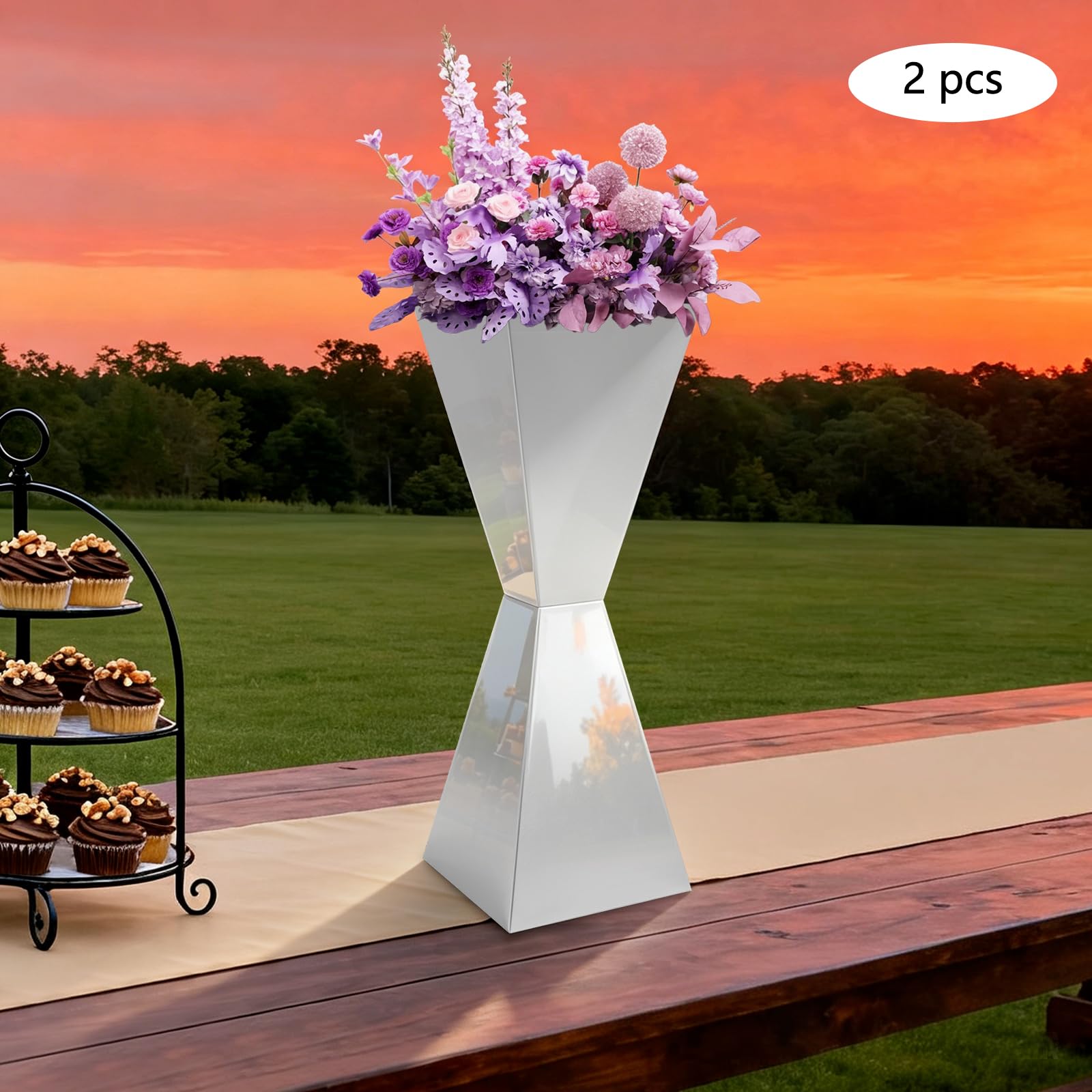 2 soportes para flores de acero inoxidable, soporte para postres, decoración de mesa (plata) | Estantería para flores, mesa de flores, superficie pulida, para bodas y eventos, 28 x 28 x 80 cm