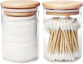 2 Pcs Glass Qtip Holder with Wood Lids, 10 oz Apothecary Jars Cotton Swabs Dispenser, Cotton Pads Canister for Bathroom Storage Organizer