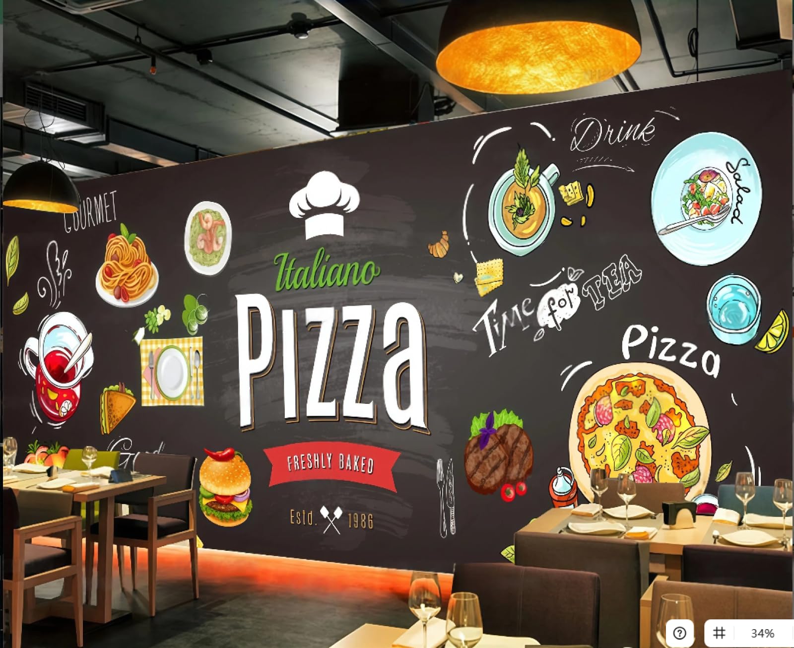 XDOUBAO Wallpaper Fashion Blackboard Hand-Painted Pizza Shop Burger Gourmet Afternoon Tea Western Restaurant Background Wall Wallpaper Coffee Shop Mural,3D,150x105cm