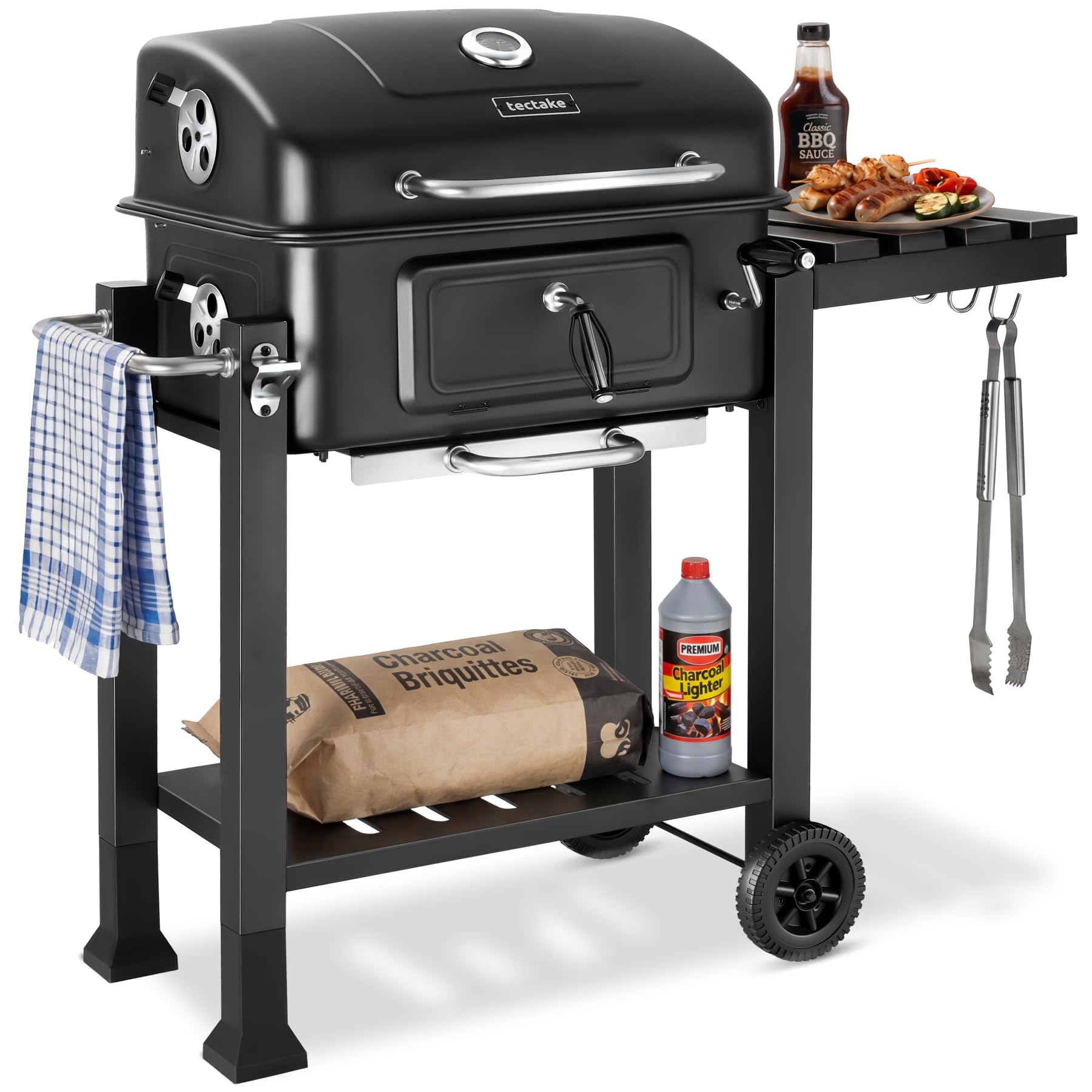 tectake® Barbacoa de Carbon con Tapa, Parrilla Barbacoa Carbon, BBQ Grill, Bandeja Regulable, Termómetro y Ruedas, con Ahumador de Alimentos, Asador de Carne - 64 x 110 x 104 cm