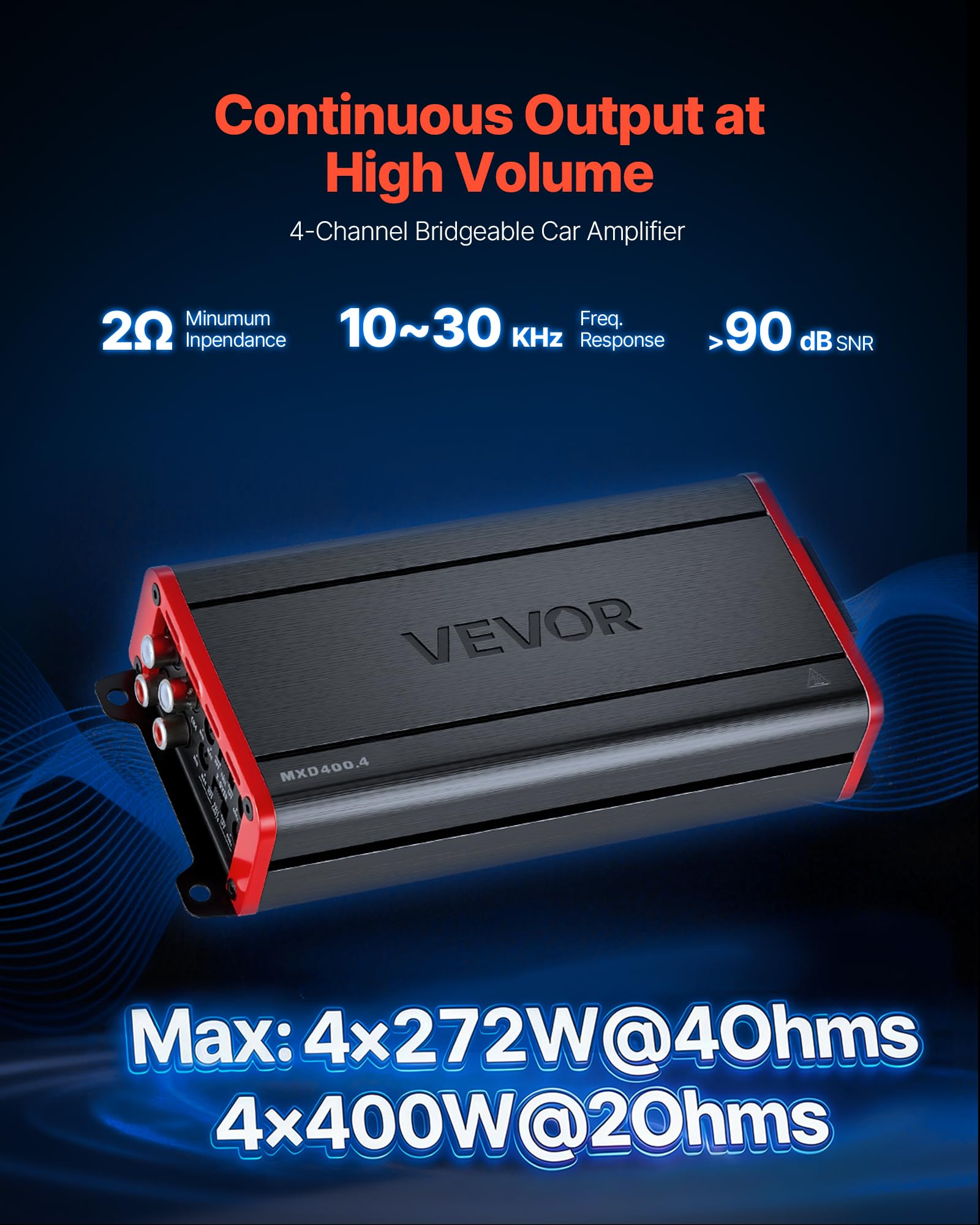 VEVOR Amplificatore Audio per Auto a 4 Canali Potenza a Ponte di Classe D max. 4x272 W a 4 Ohm/4x 400 W a 2 Ohm, Amplificatore per Vericoli Multicanale 14,4V CC Larghezza di Banda 10 Hz-30 kHz