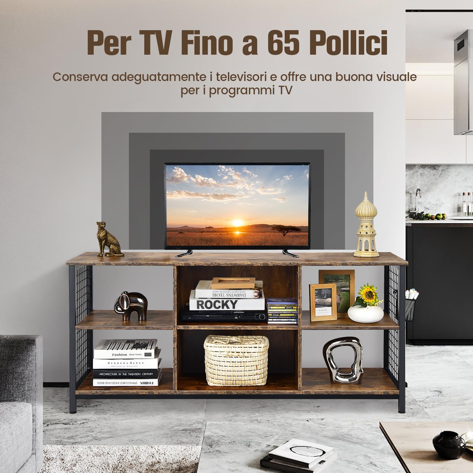 COSTWAY Mobile TV Industriale Fino a 65", Tavolo Multimediale a 3 Ripiani con Cesto Portaoggetti, Mobile TV in Legno con 2 Fori per La Gestione dei Cavi, 140 x 40 x 63 cm