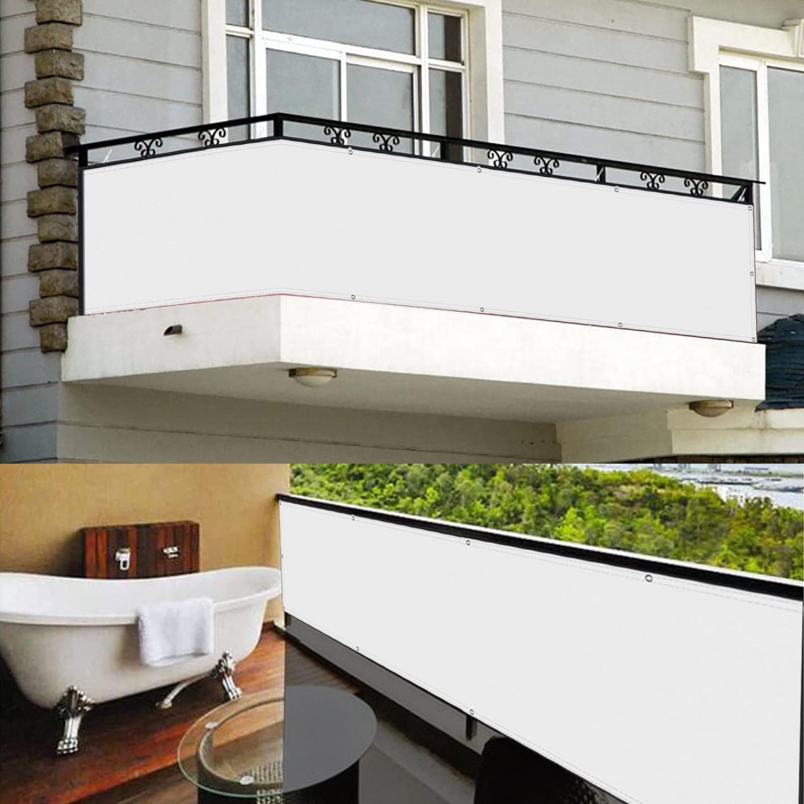 Parawan balkonowy, ochrona prywatności, 120 x 1200 cm, ochrona przed wzrokiem, wiatroszczelna, anty-ultrafioletowa na balkon, podwórko, patio, ganek, ogród, przyczepa kempingowa, tarasy na balkon, biały