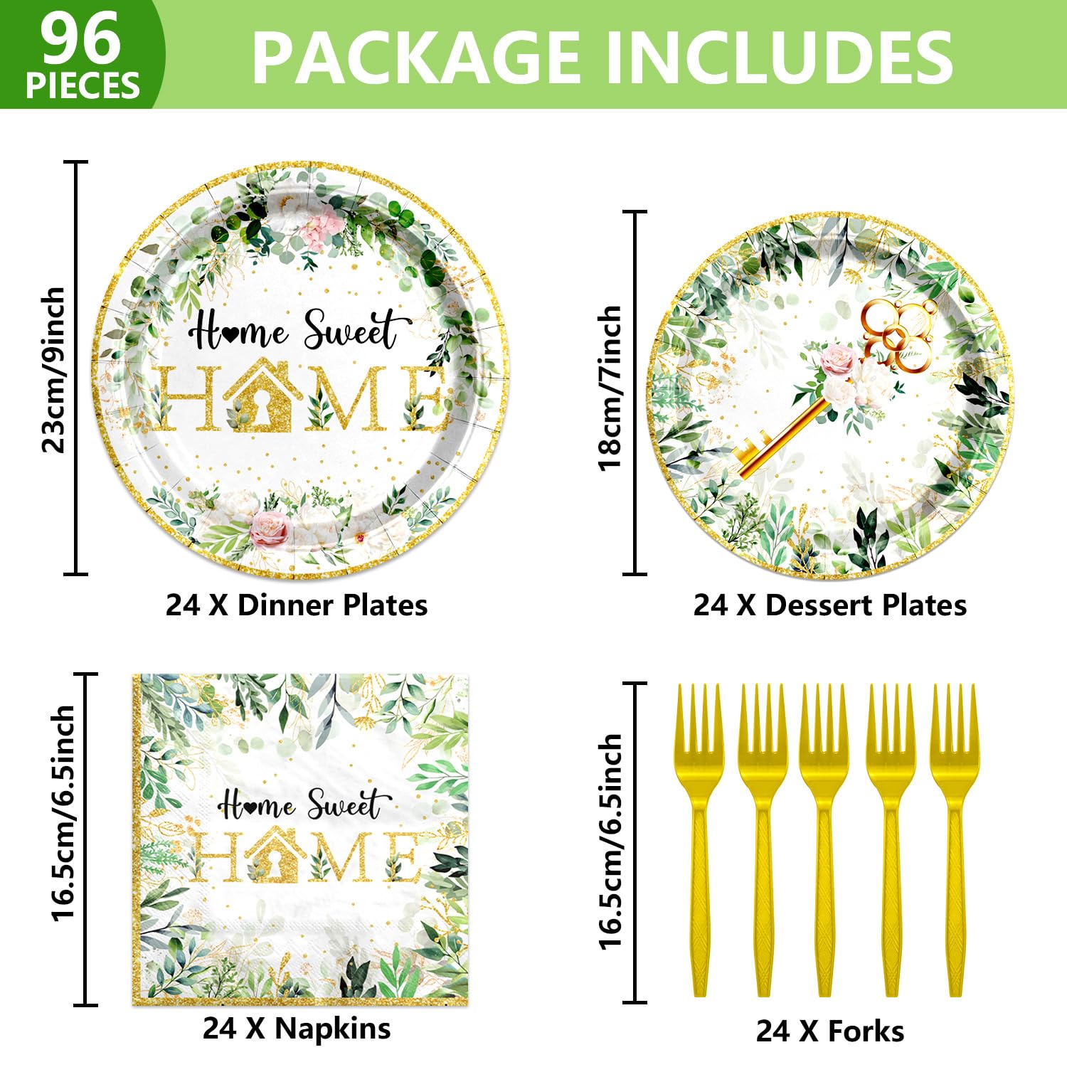 BKAILZYX 96PCS House Warming Party Decorations Home Sweet Home Tableware Set Rustic Floral Paper Plates Napkins Dinnerware Dessertware Forks Serves 24