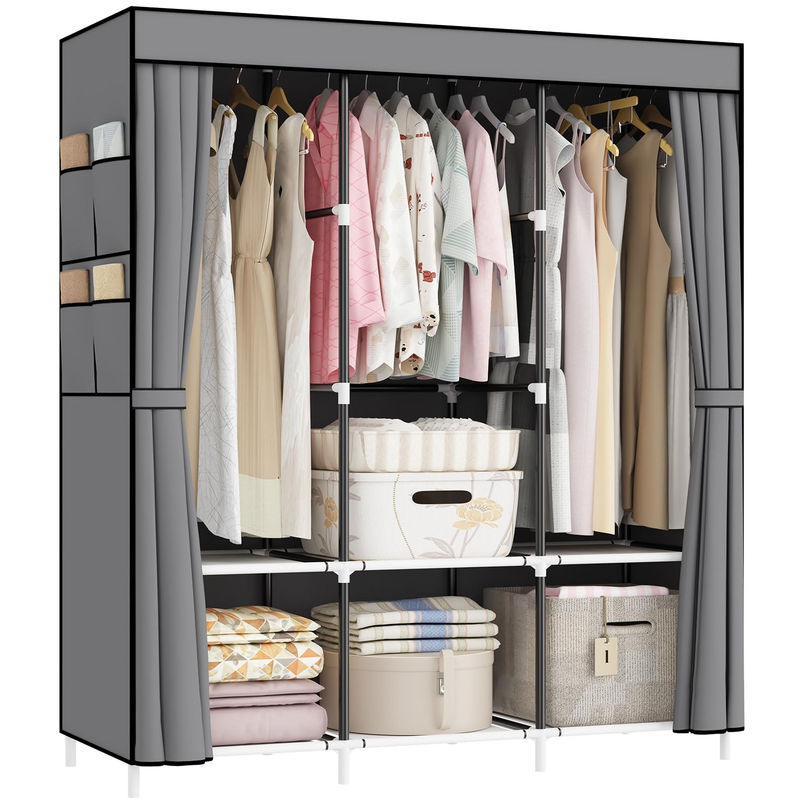 OPPAIYA Canvas Wardrobe, Portable wardrobe Pop up wardrobe, Versatile Fabric Wardrobes with 3 Storage areas and 3 Hanging Rail、8 Side Bags, Great Clothing Wardrobes with wardrobes for bedroom