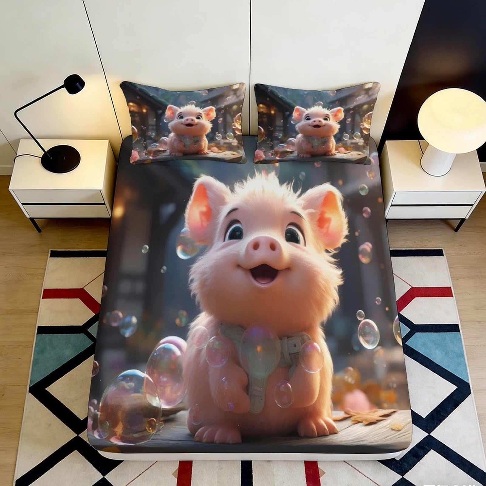 3D Printed Cartoon Pig Fitted Sheet Microfiber Deep Pocket Non-Slip Bedroom Bedding Full Wrap Pig Mattress Fitted Cover 140x200x25cm