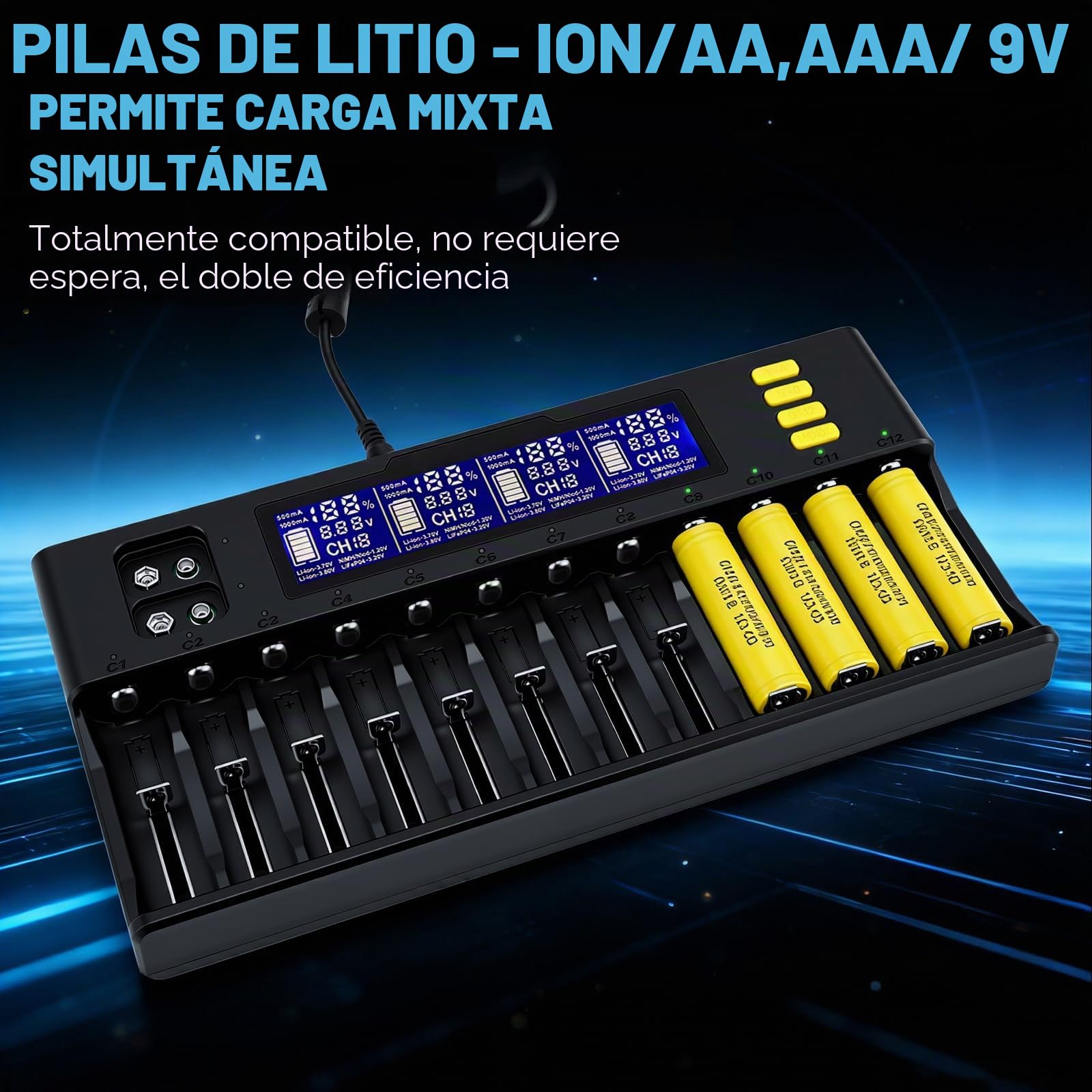 Cargador 18650,Cargador De Pilas Recargables para 18650,20700,26650,17500,16340,14500,AA,AAA,9V,Ni-Mh,12+2 Ranuras,con Pantalla LCD,Múltiples Funciones De Protección