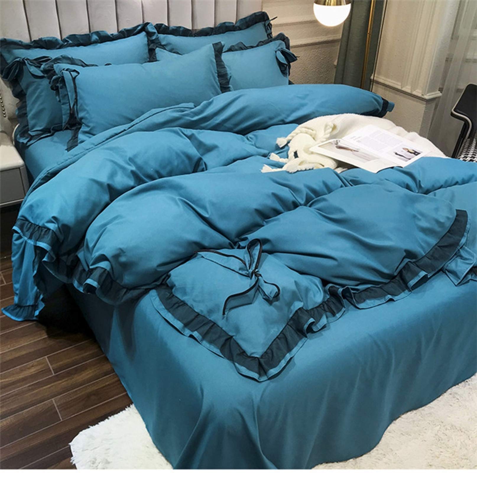 Amazon｜フリル付き 布団カバー 無地 リボン飾り ブルー