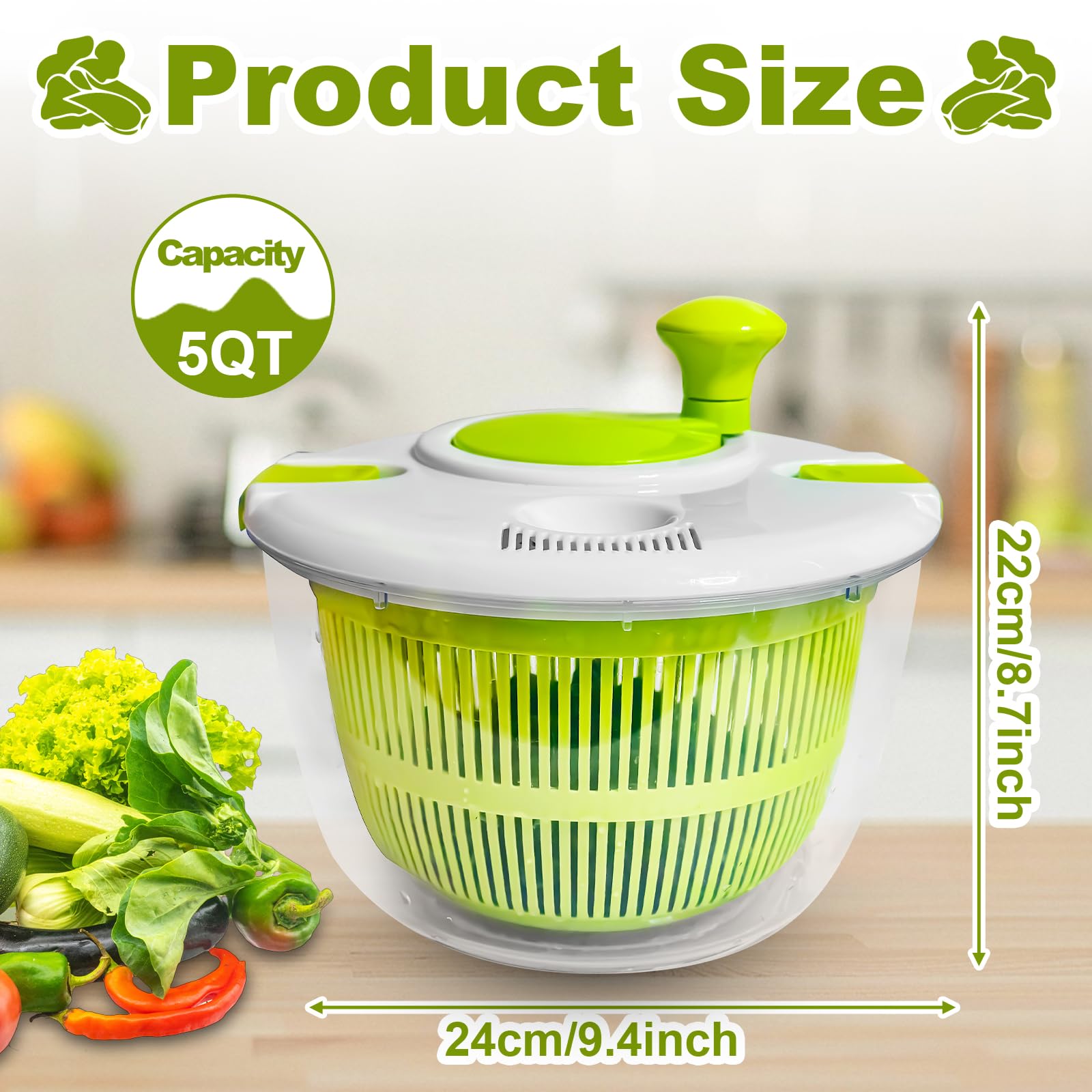 Salad spinner, vegetable and fruit washing dryer, lettuce spinner, for washing fruits, vegetables, pasta, green, 5L