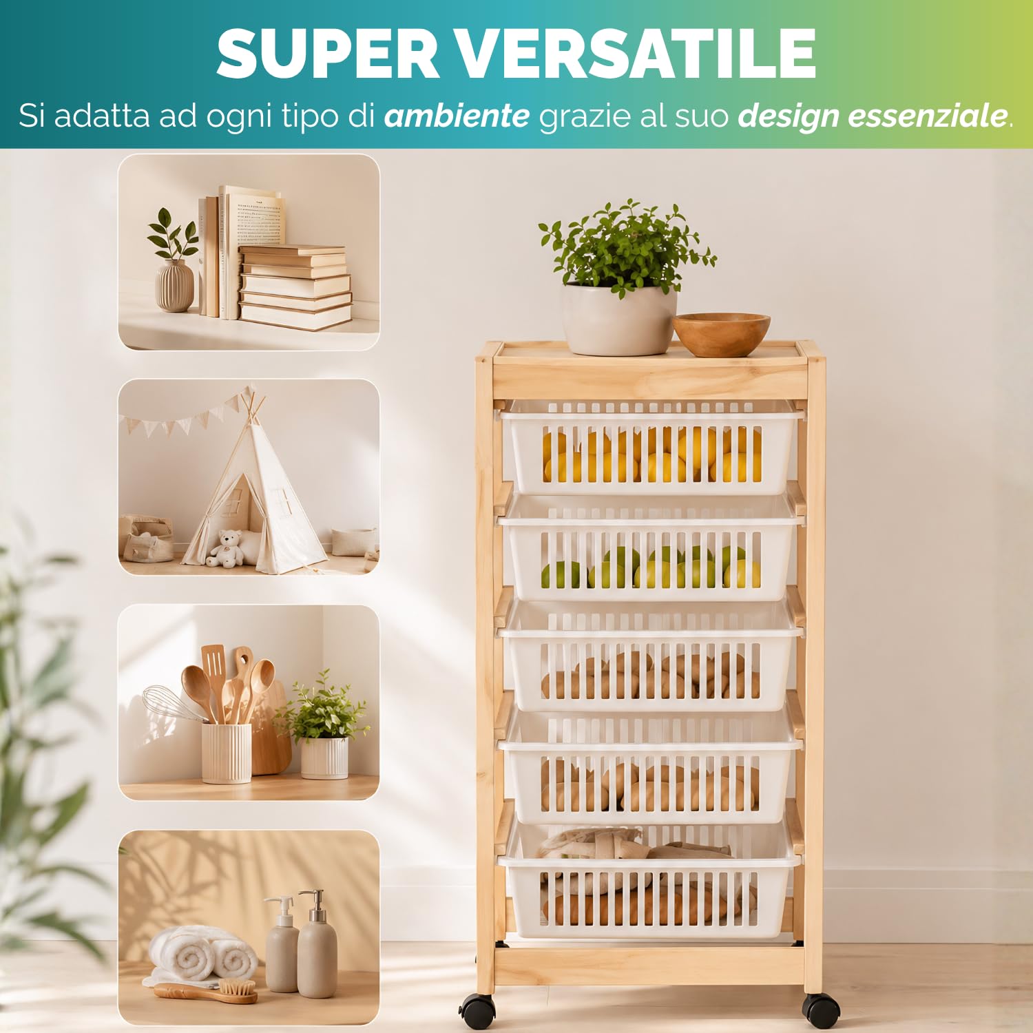 Paluplus Carrello porta verdure a 5 ripiani in Legno Naturale, misura 45x30x85 cm, 5 Cestelli in Plastica con Vassoio Portaoggetti e 4 Ruote girevoli, Scaffale da cucina per frutta e verdura -6015F -4