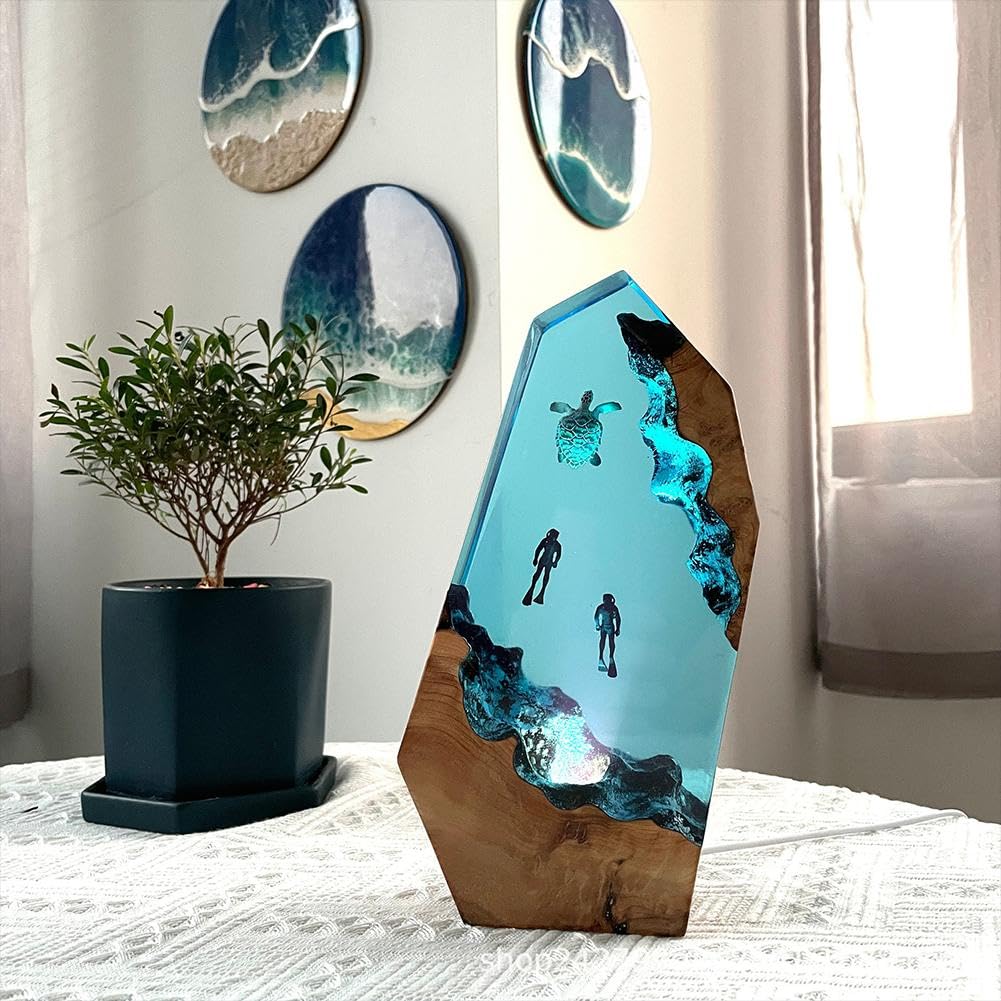 Lampada notturna subacquea in resina fatta a mano, design creativo in legno epossidico, squalo marino profondo e subacqueo, LED per decorazione da scrivania, per gli amanti dell'oceano