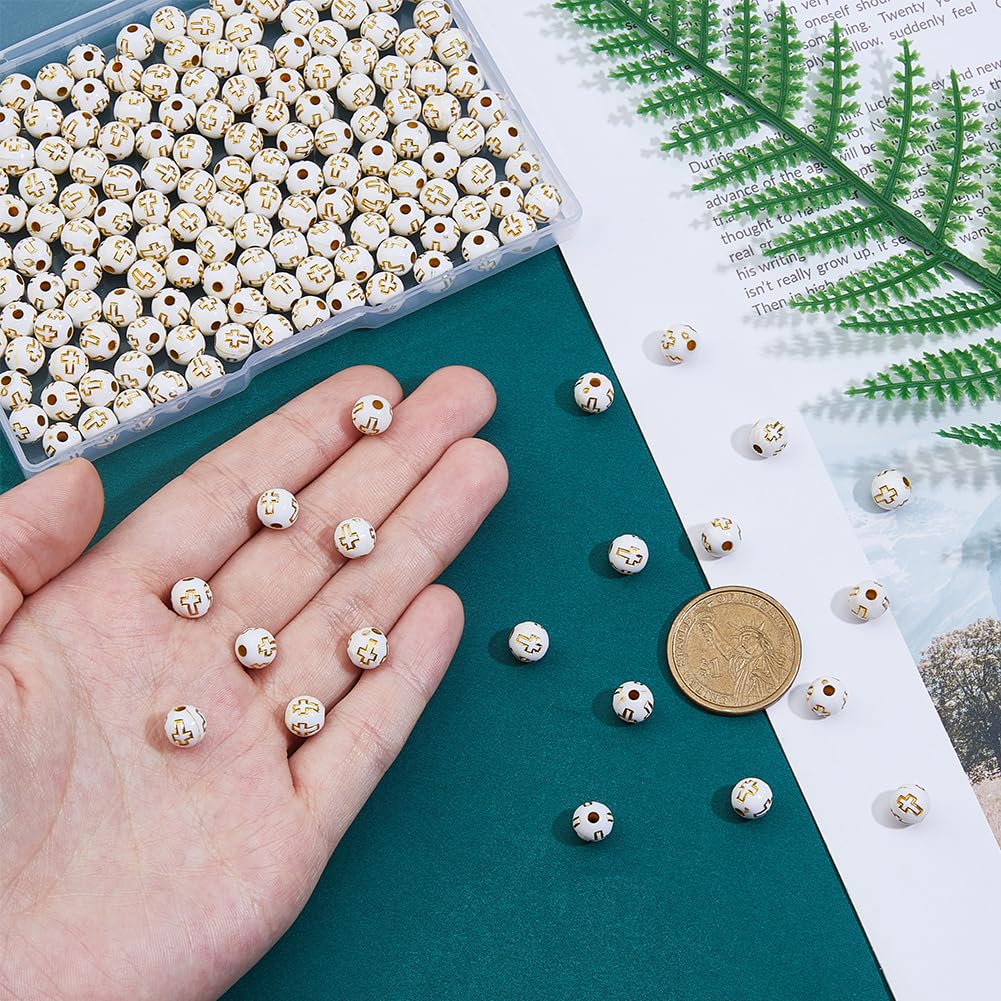 Ppmter 100 Pièces Perles Acryliques Rondes Vintage Croix Motif Entretoise Perles Avec Trous Pour Boucle D'oreille Collier Bracelet Fabrication De Bijoux à Bricoler Soi-même
