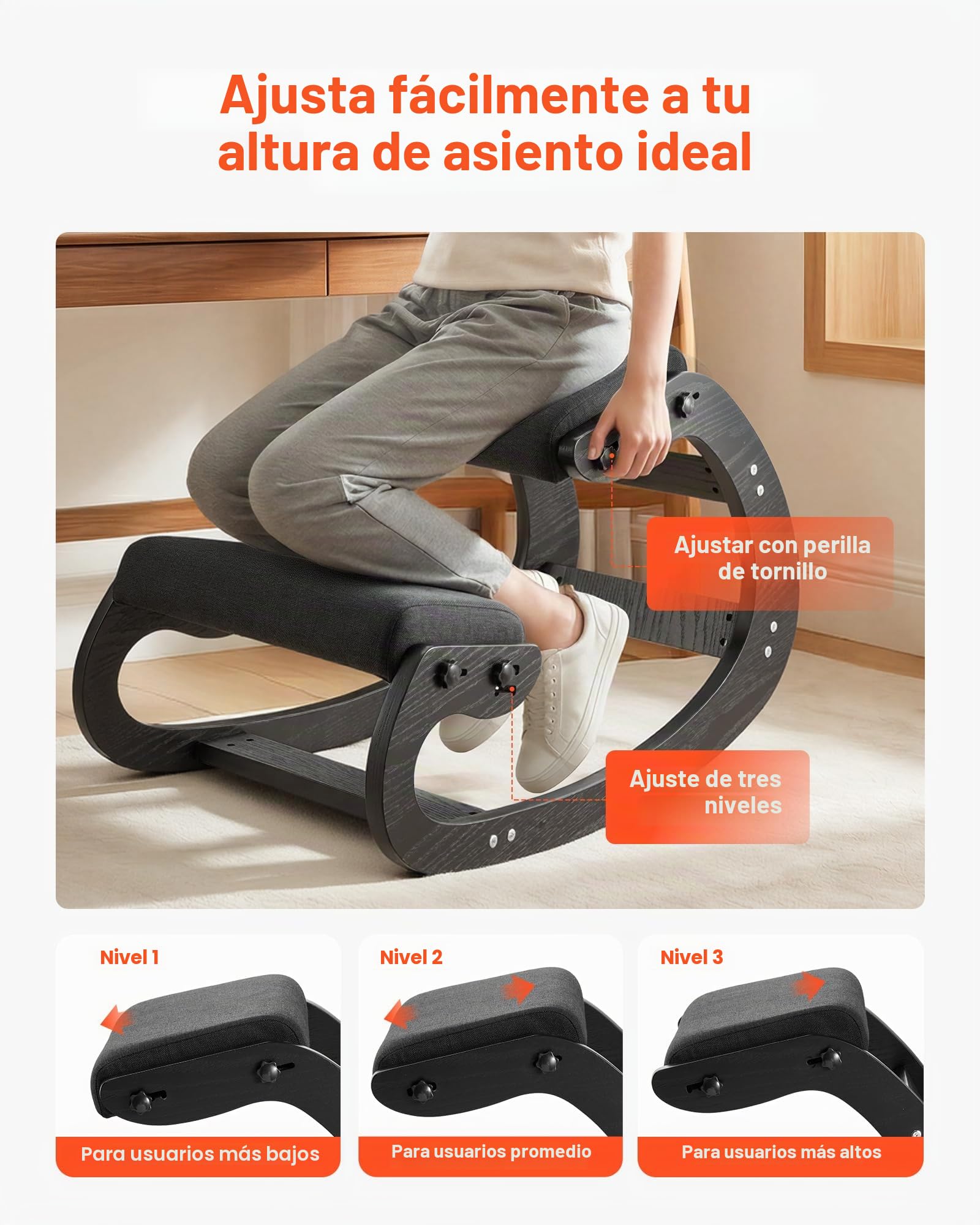 VEVOR Silla Ergonómica de Rodillas con Estructura de Madera, Cojines de Espuma Gruesa Ajustables, Taburete para Rodillas Carga de 120 kg, Relajación de Cuello y Espalda para Hogar, Oficina, Negro