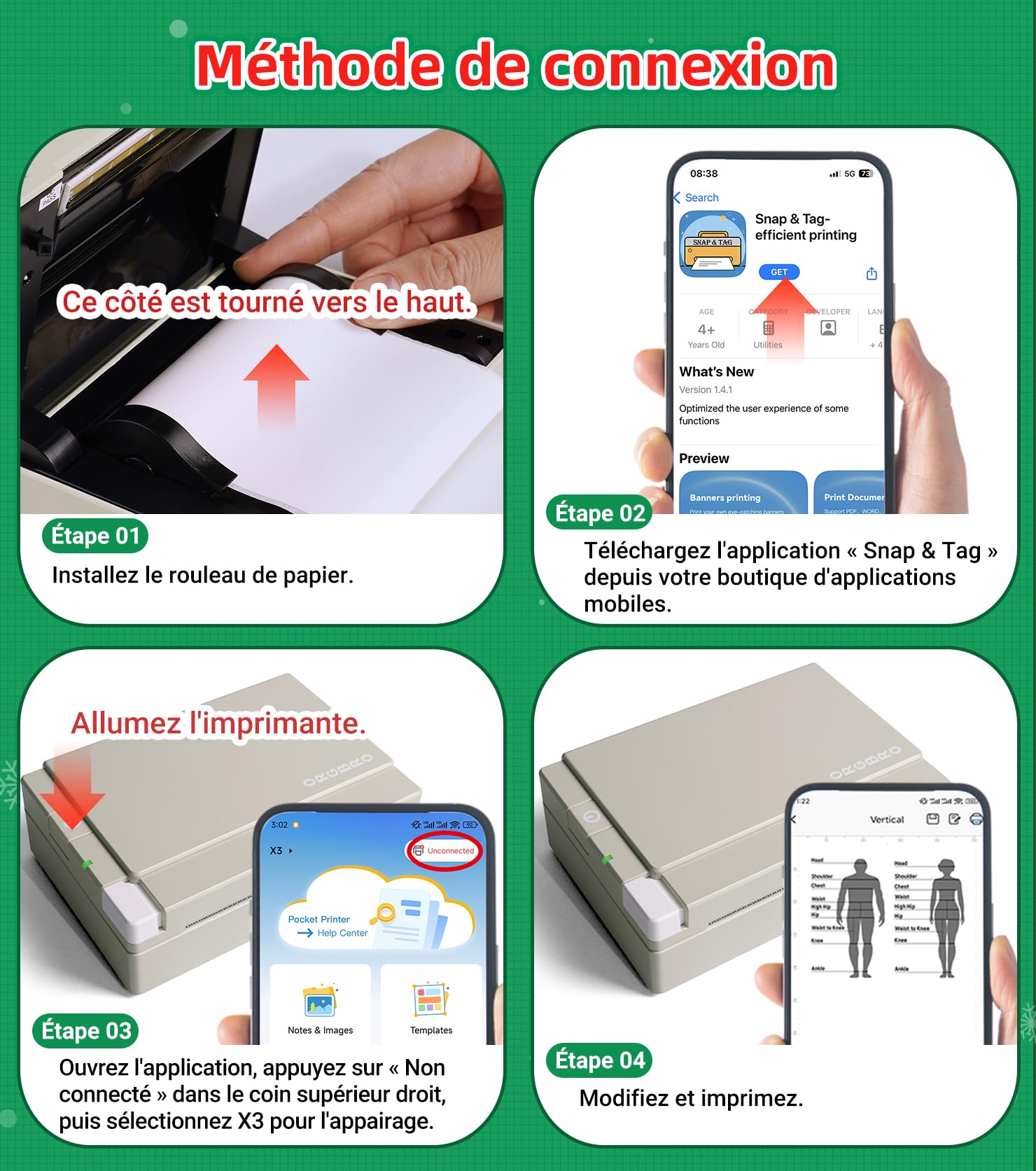 ORGBRO Mini Imprimante, X3 Thermique Bluetooth Imprimante Autocollante Portable, avec 1 Rouleau de Papier Thermique, 300DPI Petite Printer pour DIY Photos, Notes, Compatible iOS Android, Vert Olive