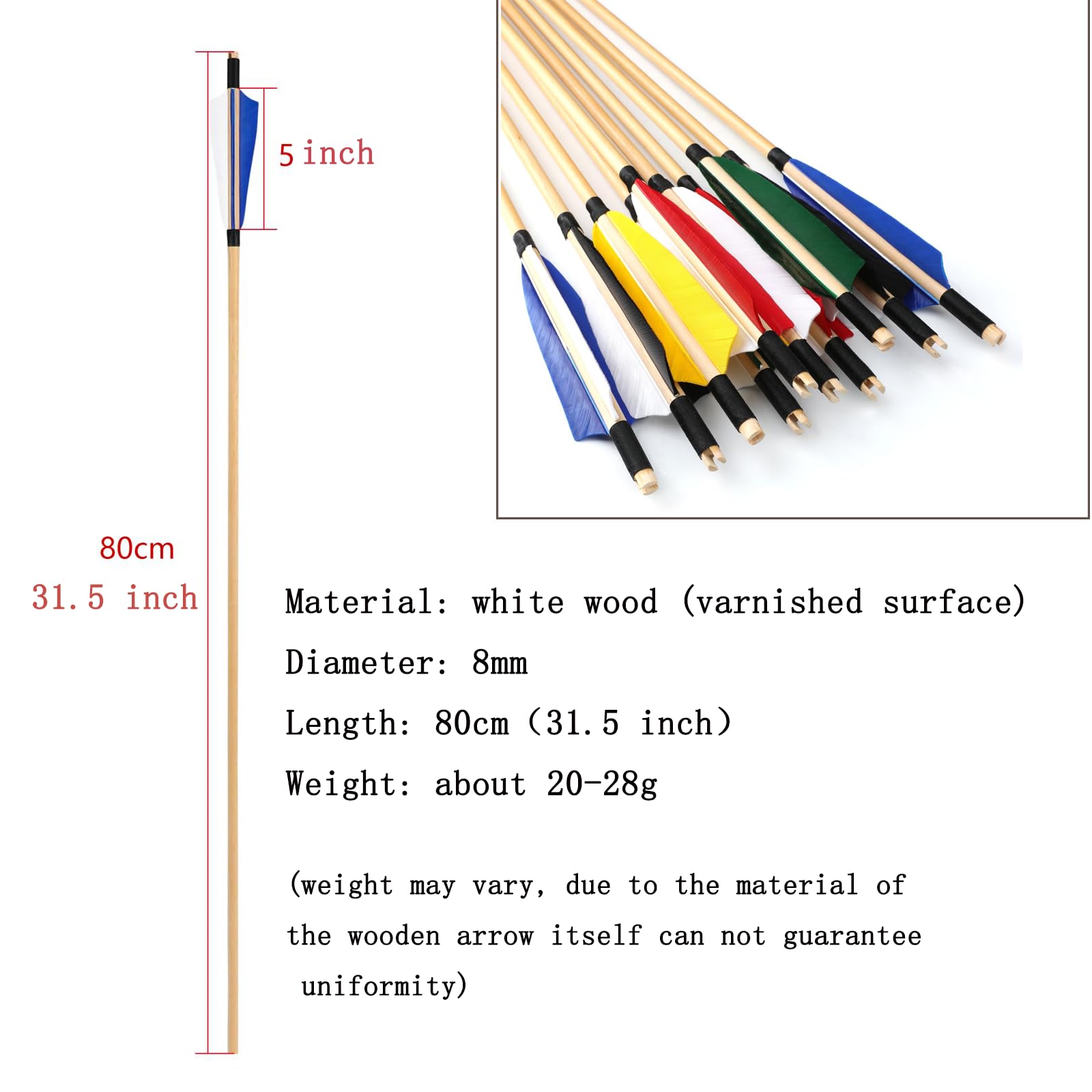 Flèches Traditionnelles en Bois 31" pour Tir à l'Arc Long Recourbé 6/12pcs