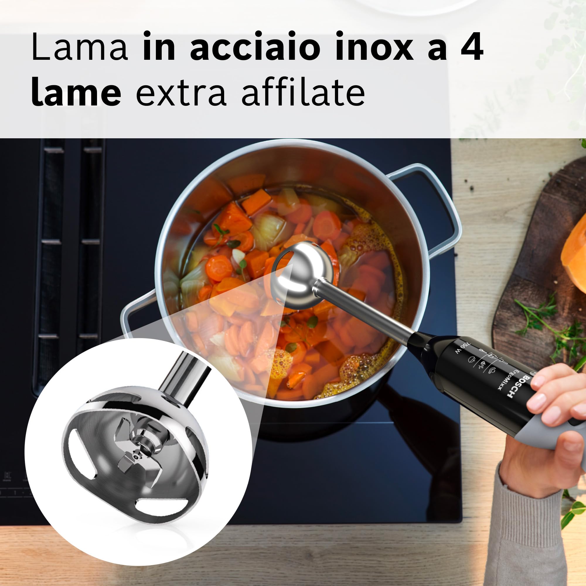 Bosch Frullatore a Immersione MSM67170, 750 W, 12 Velocità, Lama in Acciaio Inox, Impugnatura Ergonomica, Tritatutto, Lama Tritaghiaccio e Frusta Inclusi, Bicchiere Graduato, Cavo a Spirale, Nero