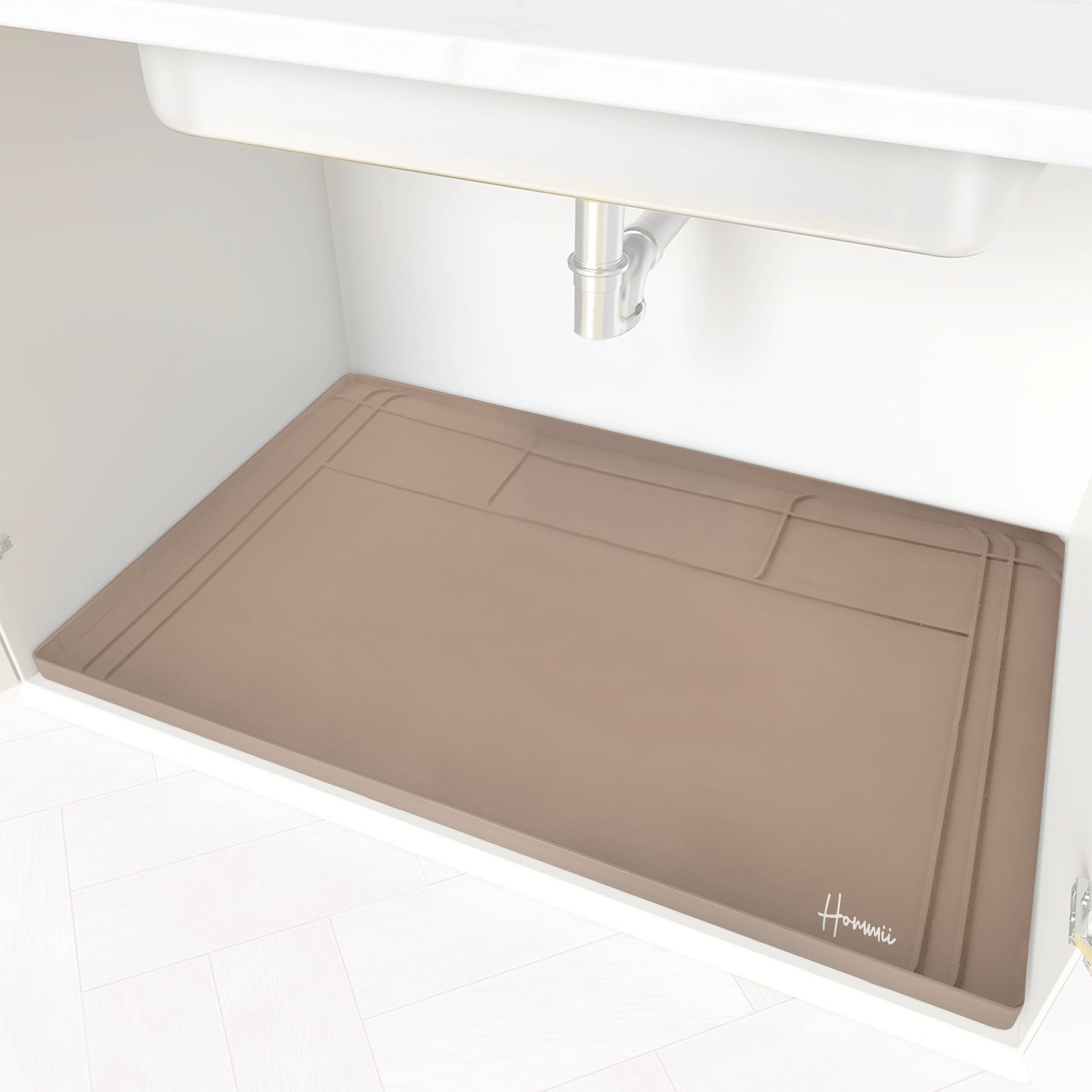 Photo 1 of Waterproof Under Sink Mat for Kitchen - 34 X 22 Inches Adjustable Silicone Bathroom Sink Mat with Drain Hole, Under Sink Drip Tray for Kitchen, Bathroom & Utility Room - Dark Brown