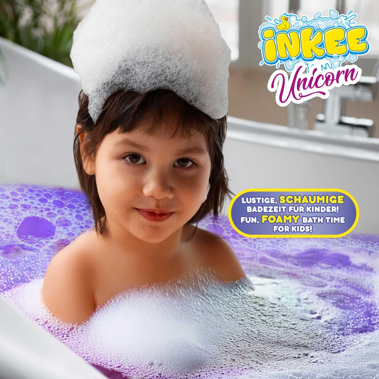 INKEE Bubble Bath Unicorn - Kąpiel bąbelkowa dla dzieci Jednorożec, Fioletowy płyn do kąpieli z ekstraktem z nagietka i aromatem mrożonej herbaty z winogronami, 40g