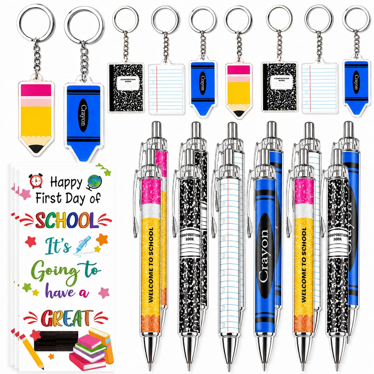 Lot de 72 cadeaux de rentrée scolaire pour étudiants, enseignants, stylos à bille, porte-clés avec cartes de vœux pour le premier jour d'école, récompenses en classe, fournitures de fête