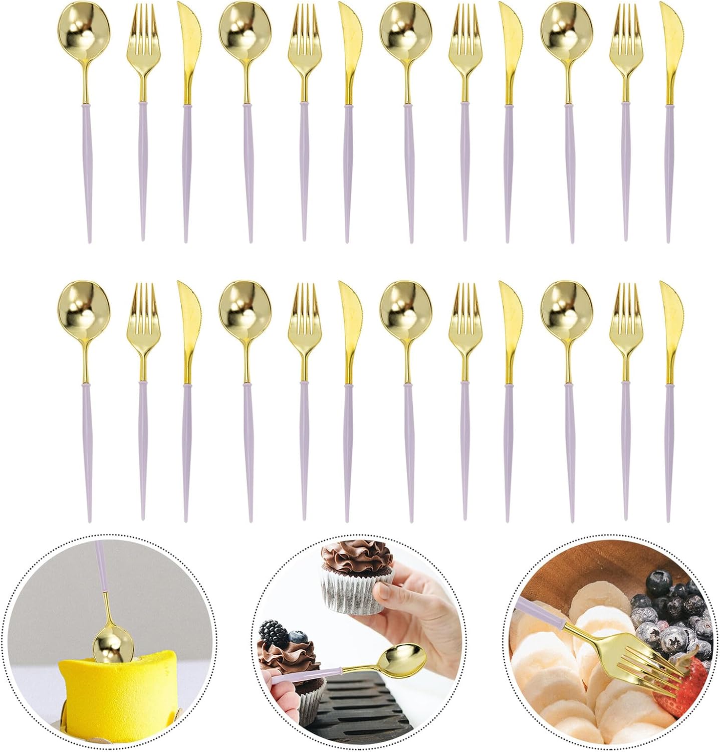 Purple Disposable Plastic Cutlery Set 24pcs – Gold-tone Forks, Knives Spoons Party Tableware for Birthday, Picnic, and Catering Use