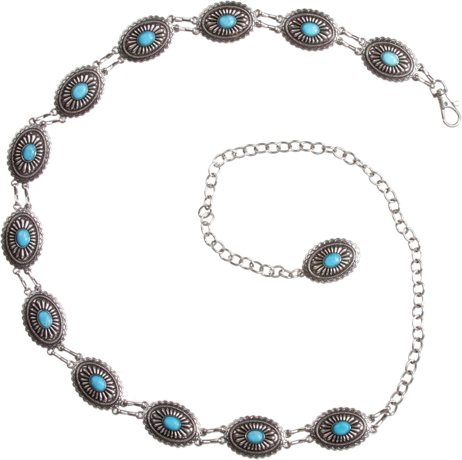 Women's Western Oval Turquoise Stone Concho Skinny Chain Belt