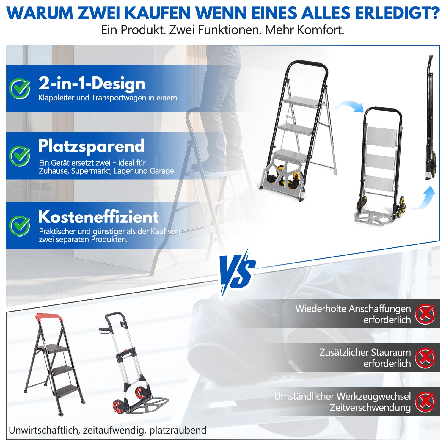 Carrello per scale 2 in 1 con scala a 3 gradini, per scale