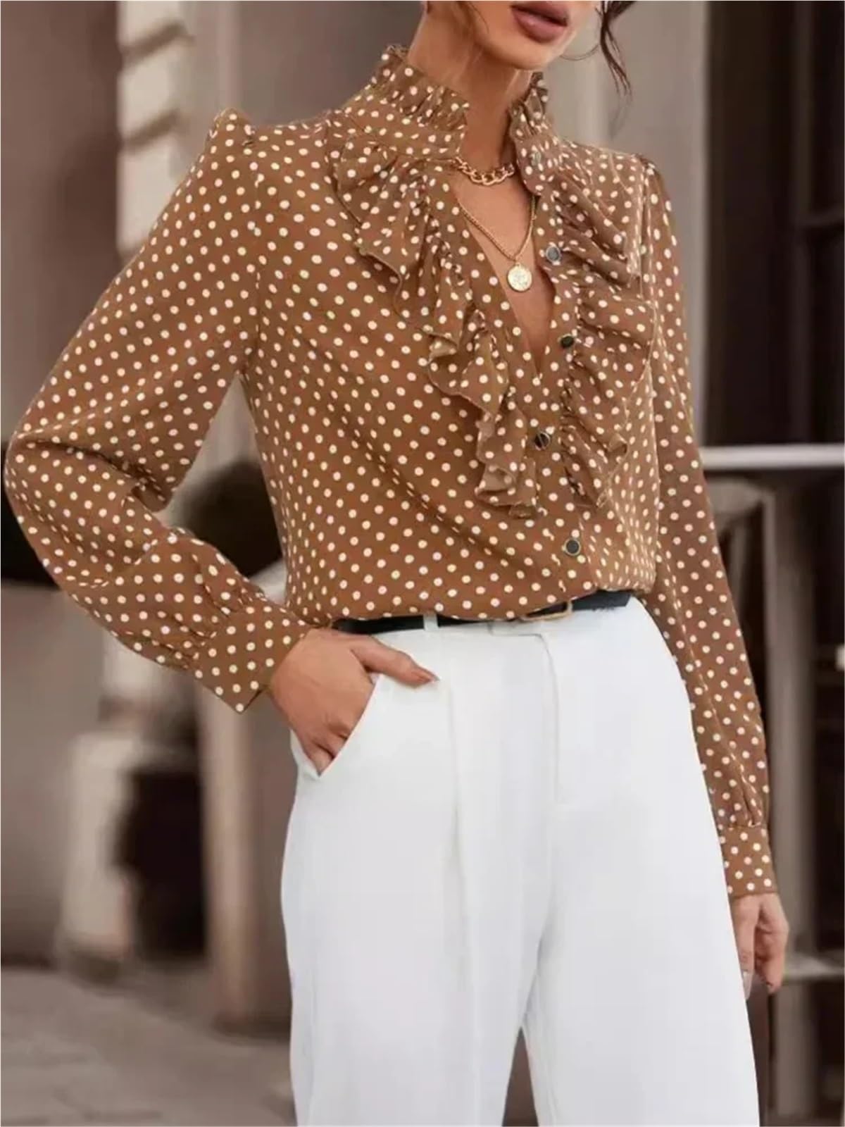 Damen T Shirt Mit Punkten Frühling Vintage Polka Dot Print Elegantes Hemd Damen Tops Stehkragen Langarm Rüschen Patchwork Hemd